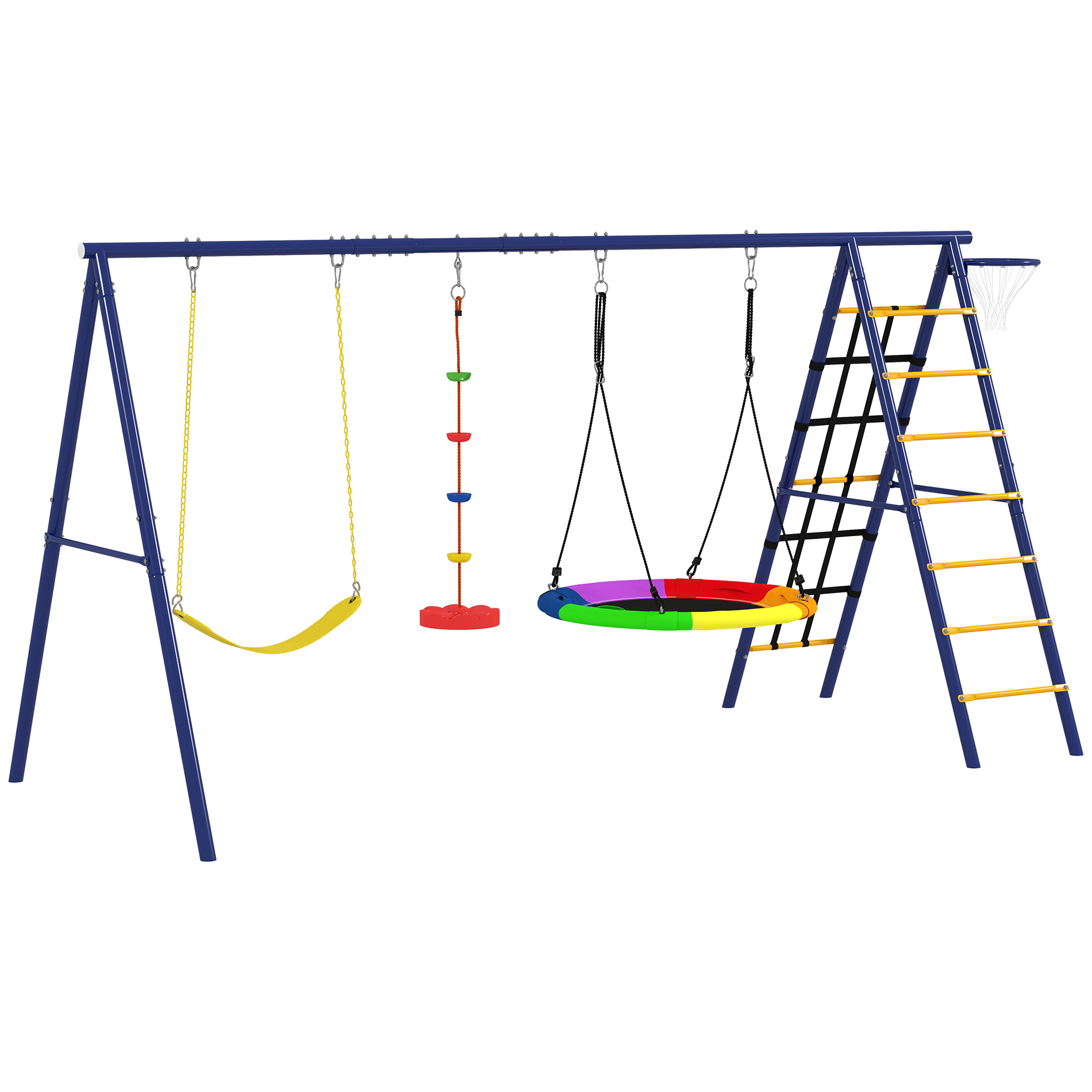 AIYAPLAY Kinderschaukel-Set 6 in 1 Schaukelgerüst aus Stahl mit Gurtschaukel, Nestschaukel, Seilscheibenschaukel, Kletternetz, Kletterleiter und Basketballkorb für Kinder 3-8 Jahre Aosom