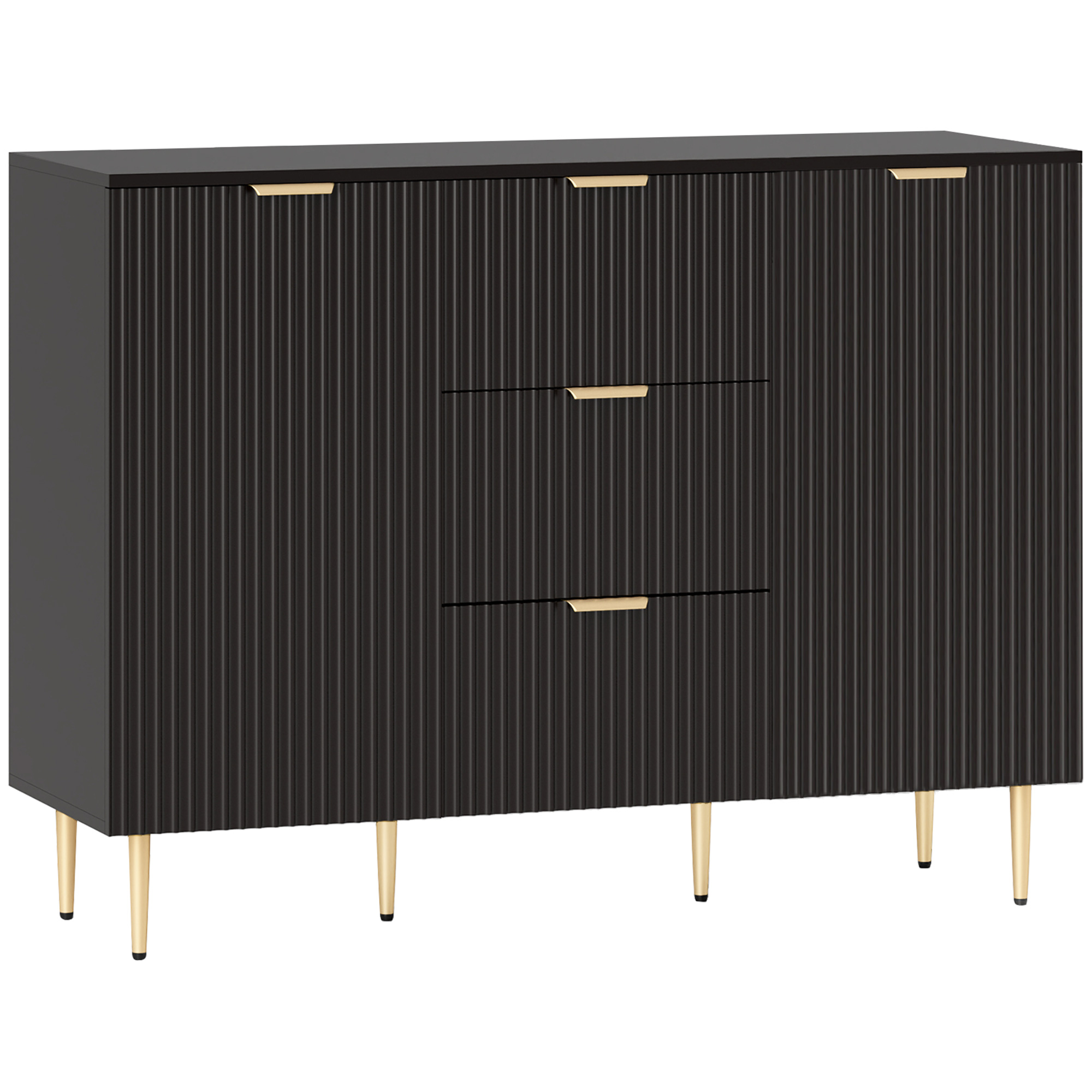 HOMCOM Sideboard mit 3 Schubladen, verstellbaren Einlegeböden, Schränken mit geriffelten Türen und Metallfüßen, Sideboard für Esszimmer & Wohnzimmer, 120 x 40 x 90 cm, schwarz   Aosom