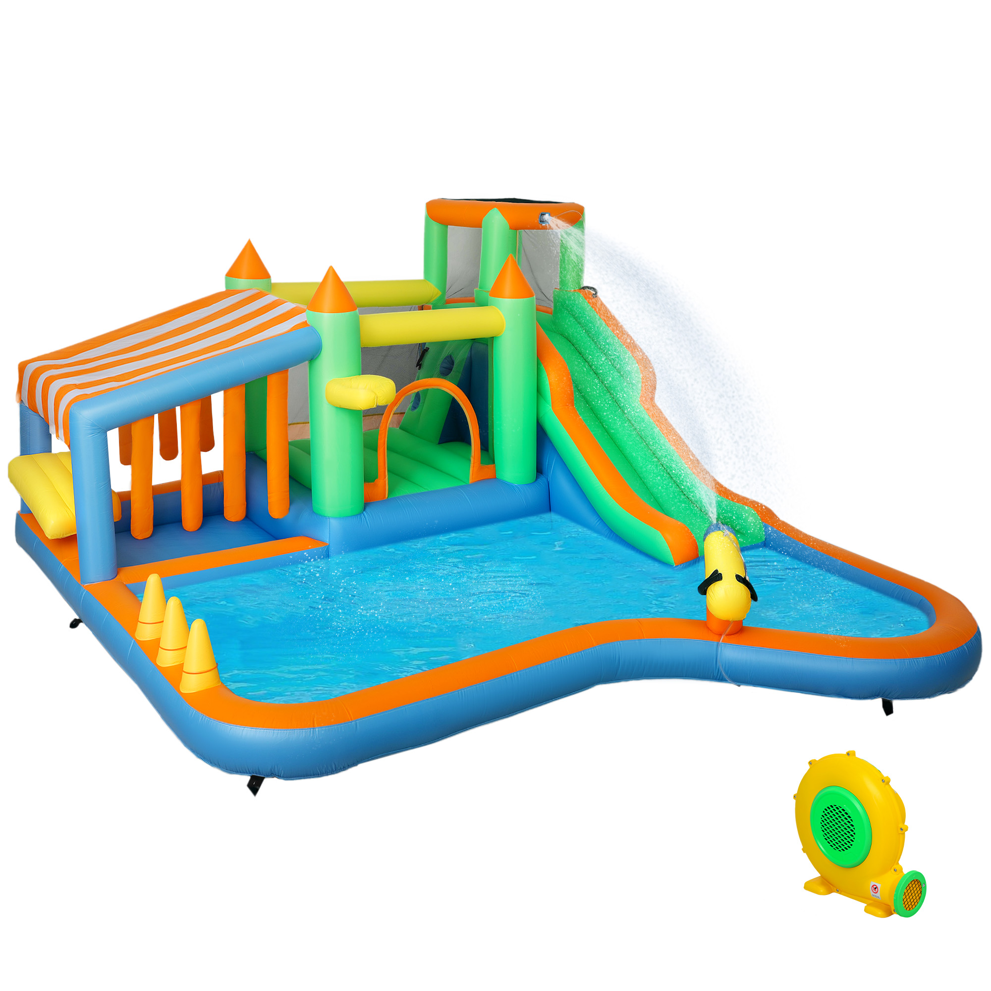 AIYAPLAY Hüpfburg mit Gebläse, Wasserrutsche, Planschbecken, Ballgrube, Kletterwand, Wurfring, Sprung, Basketballkorb, Wasserkanone, Aufblasbare Springburg für 3-8 Jahre, 416 x 370 x 195 cm   Aosom
