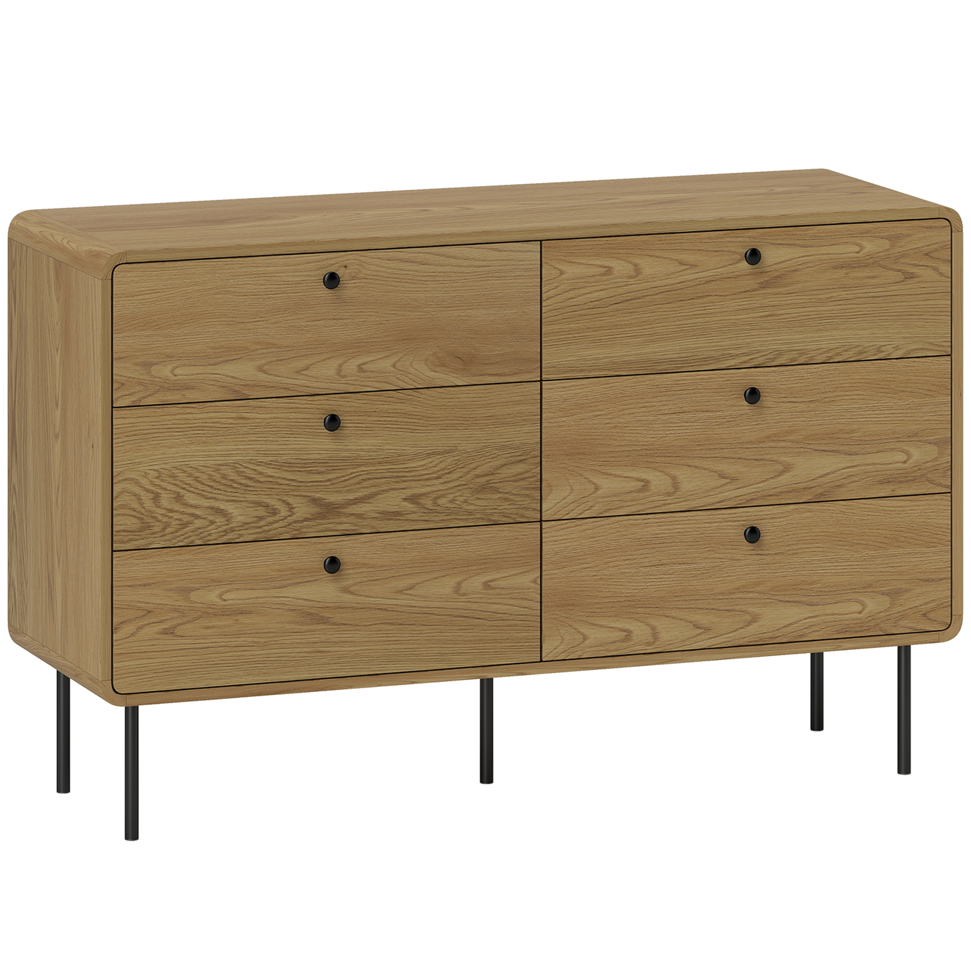 HOMCOM Kommode 6 Schubladen Aufbewahrungsschrank moderner Stil mit abgerundeten Ecken und Stahlfüßen, Kommode Schlafzimmer, Wohnzimmer - 120 x 40 x 75 cm, Eichenholzoptik Aosom