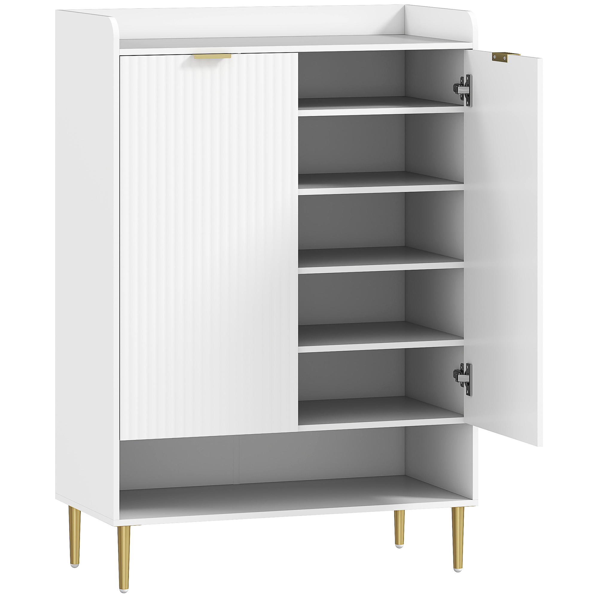 HOMCOM Schuhschrank für den Eingangsbereich mit 2 Türen, Schuhschrank mit herausziehbaren Einlegeböden, offenes Regal und Stahlbeine, Mehrzweckschrank für 24 Paar Schuhe, für Eingangsbereich und Flur, 75x37x110 cm, Weiß Aosom