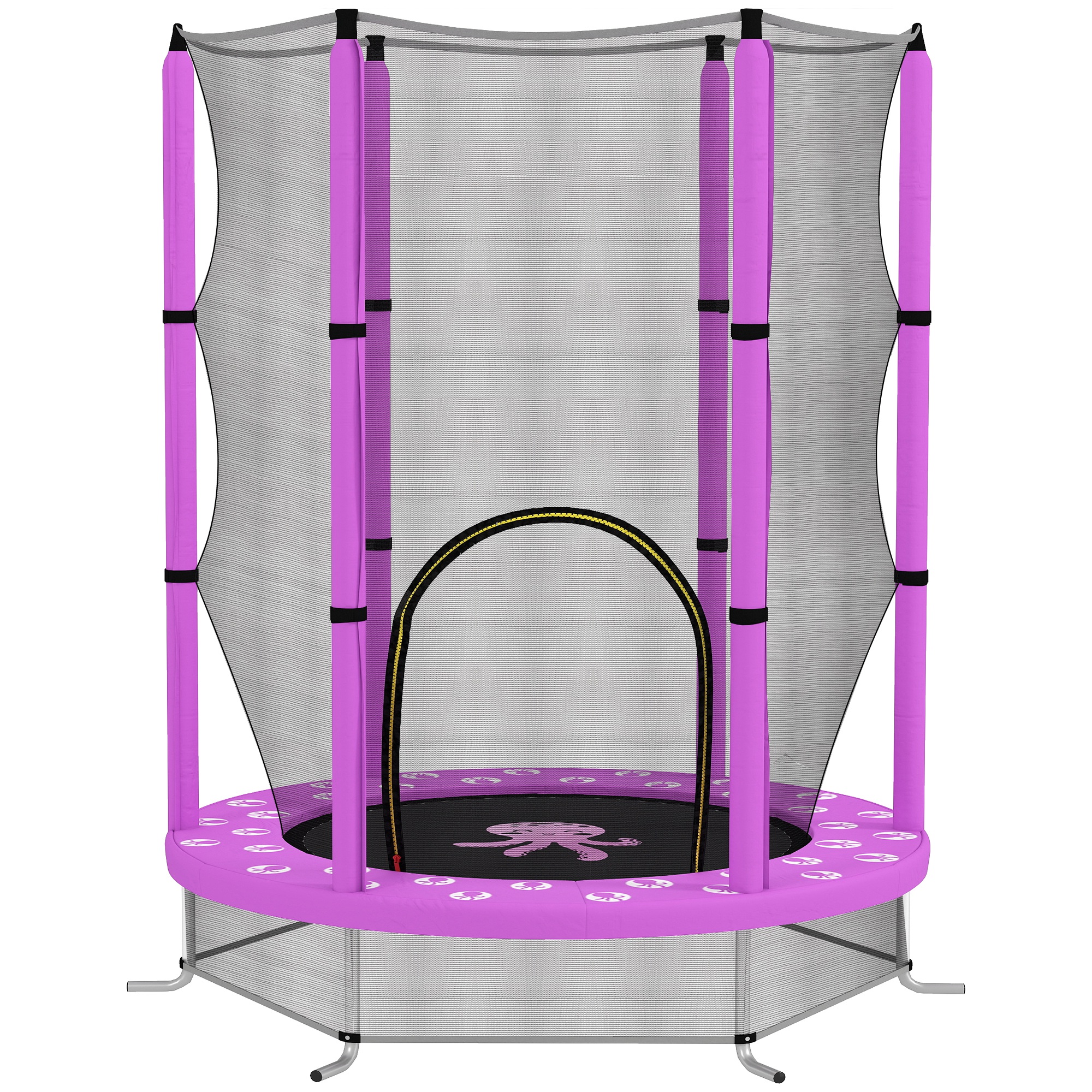 AIYAPLAY Kinder Trampolin Ø140 cm, Indoor Trampolin mit Sicherheitsnetz Randabdeckung Gummiseil, Kindertrampolin mit Tür mit Reißverschluss, Wolken-Muster, für Kinder 3-6 Jahre Violett   Aosom