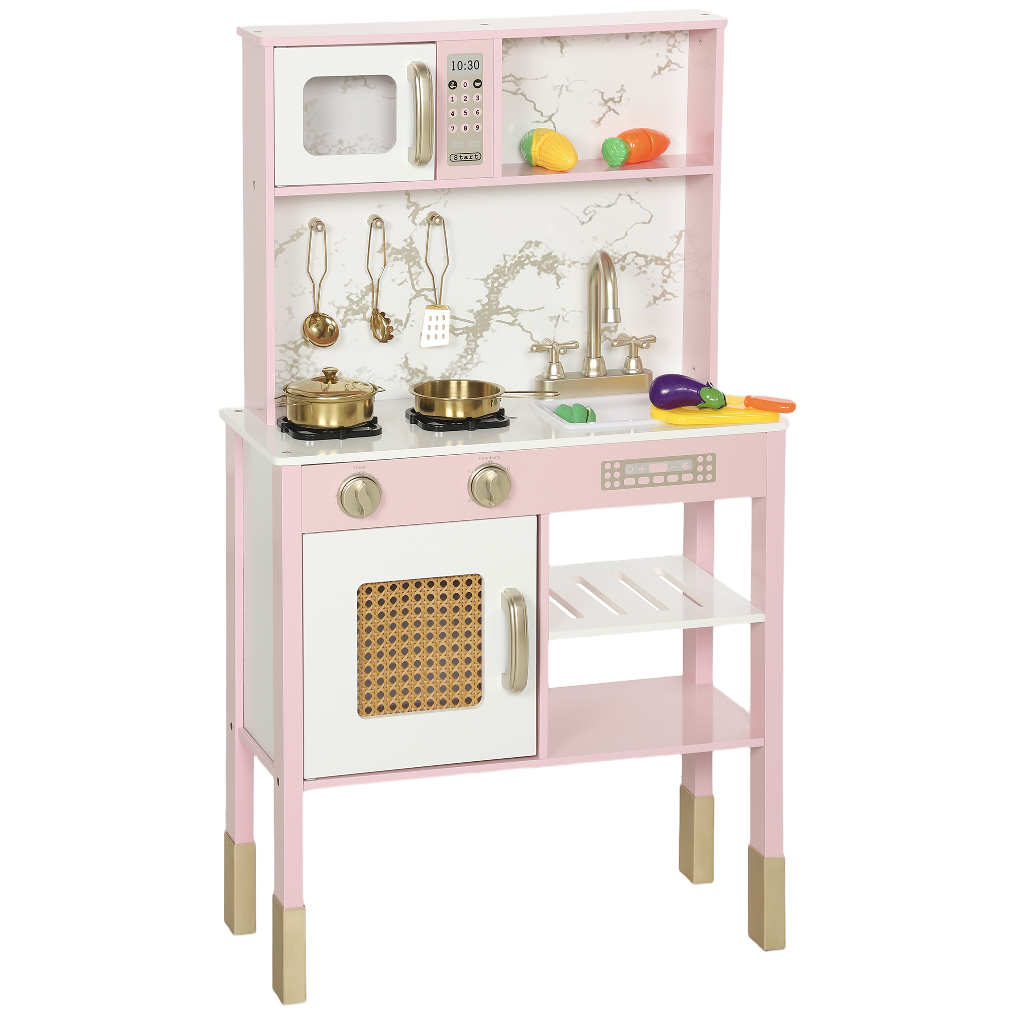 AIYAPLAY Holz-Spielküche mit Sound, Kinderküche mit Edelstahl-Accessoires, Mikrowelle, Backofen, Spüle, Gemüse zum Schneiden, für Kinder ab 3 Jahren, Rosa   Aosom