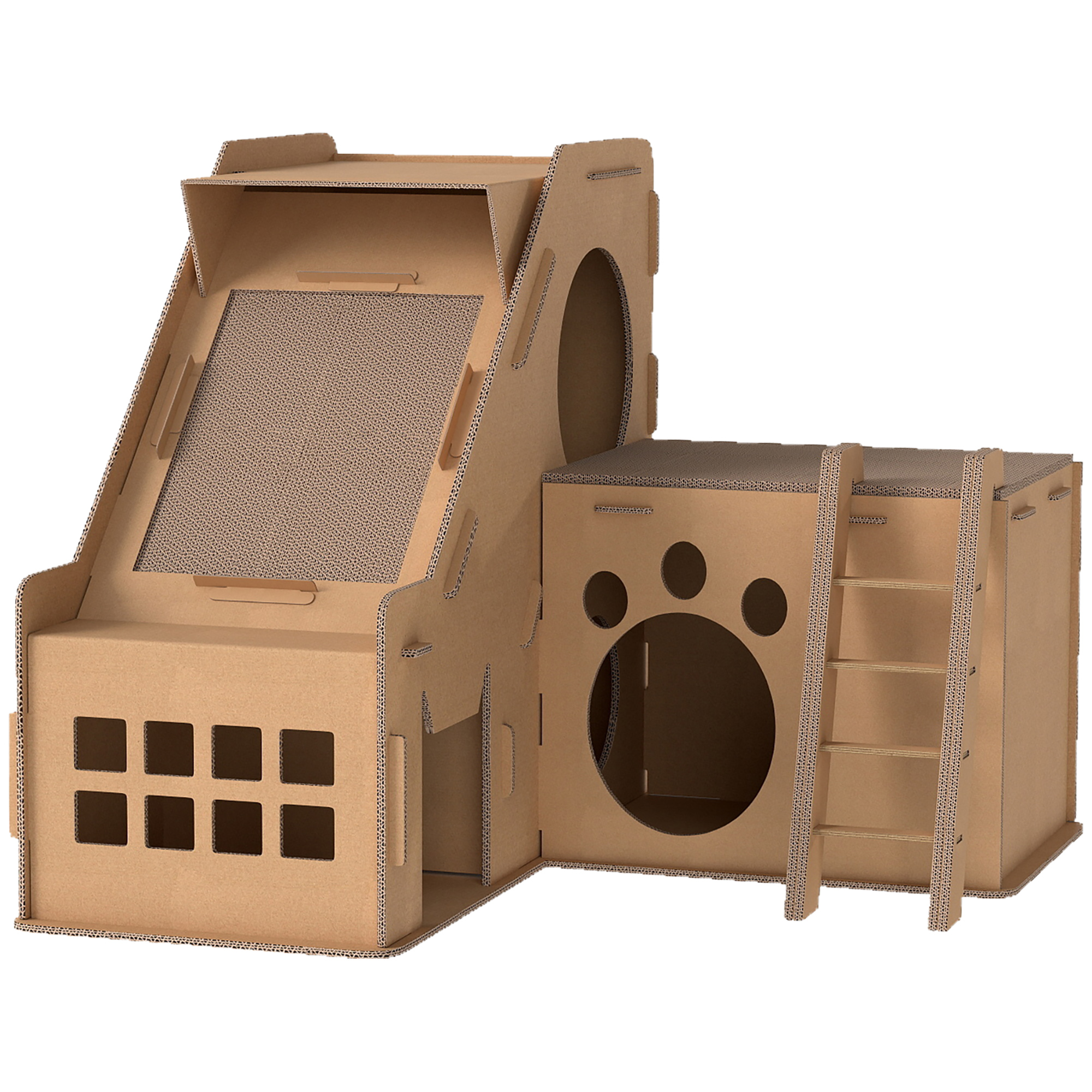 PawHut Kratzbaum aus Karton in Burgform 2-in-1, Kratzbaum mit 2 Kratzflächen, Katzenminze, Rampe und Leiter, für Innen, 67x66x57 cm, Braun   Aosom