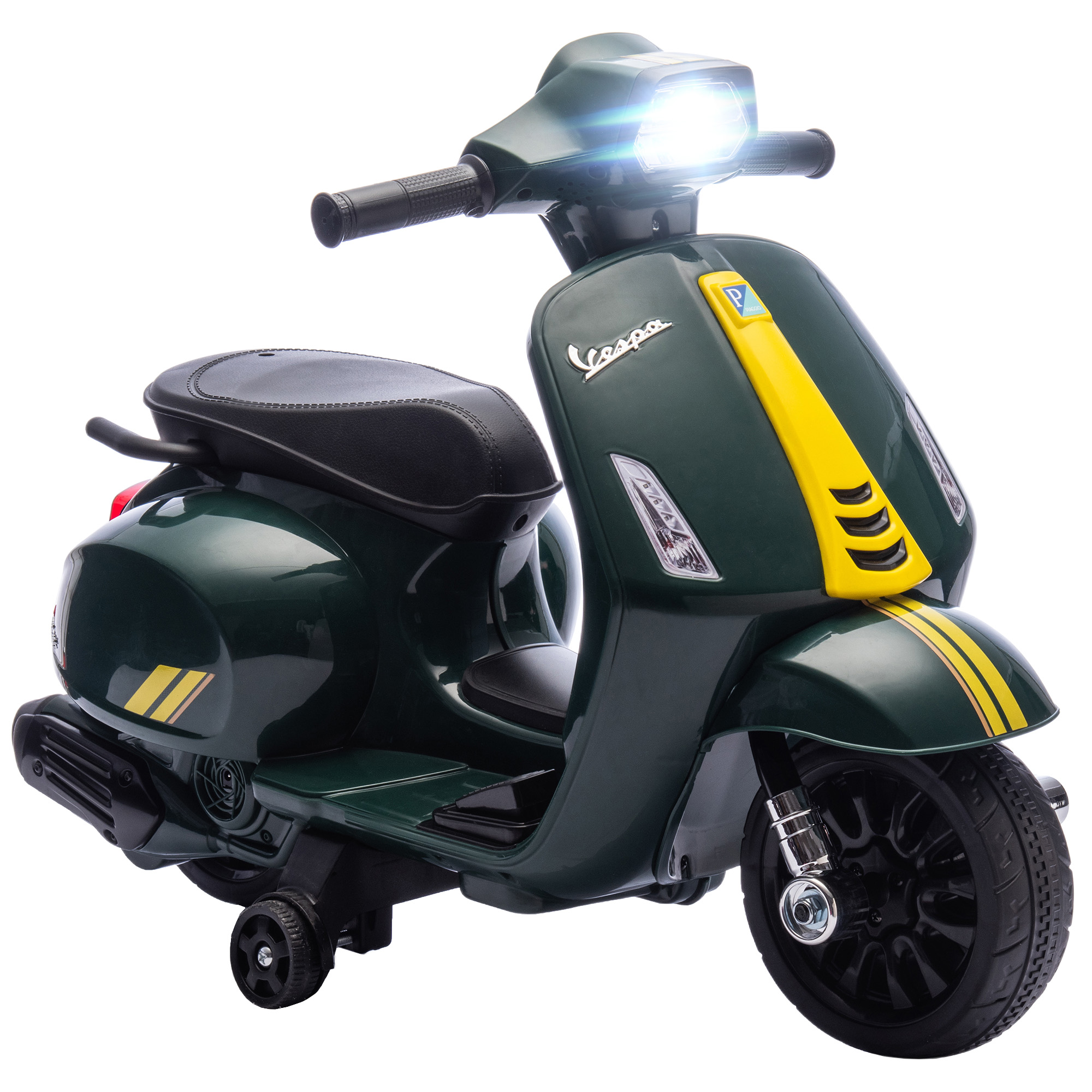 AIYAPLAY Kinder-Elektromotorrad mit offizieller Vespa-Lizenz, wiederaufladbare 6V-Batterie und Stützräder, Licht und Hupe, 2-6 Jahre, Dunkelgrün Aosom