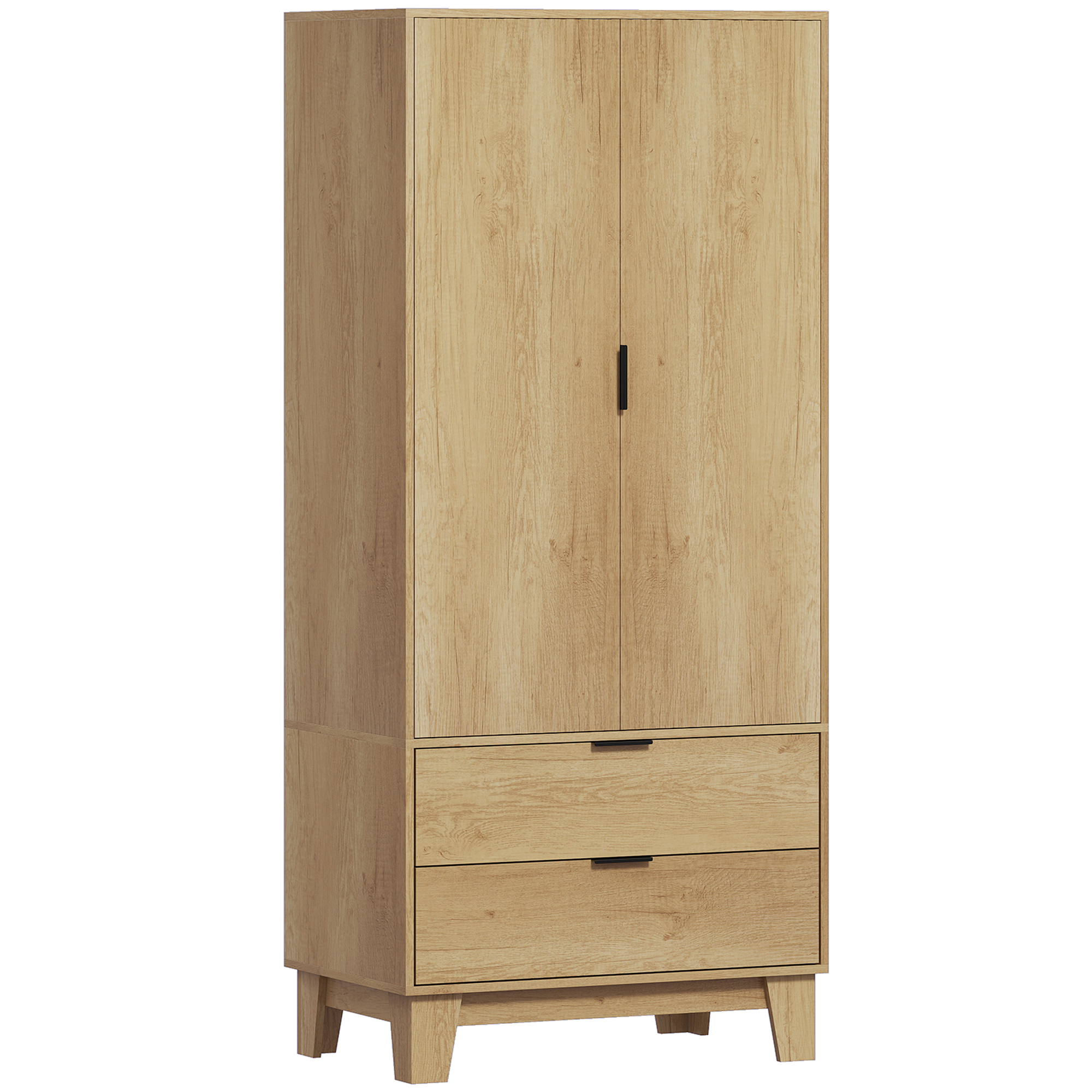 HOMCOM Kleiderschrank mit 2 gerillten Soft-Close-Türen, 2 Schubladen und Kleiderstange, moderner Stil, 80 x 50 x 180 cm, Naturholz Aosom