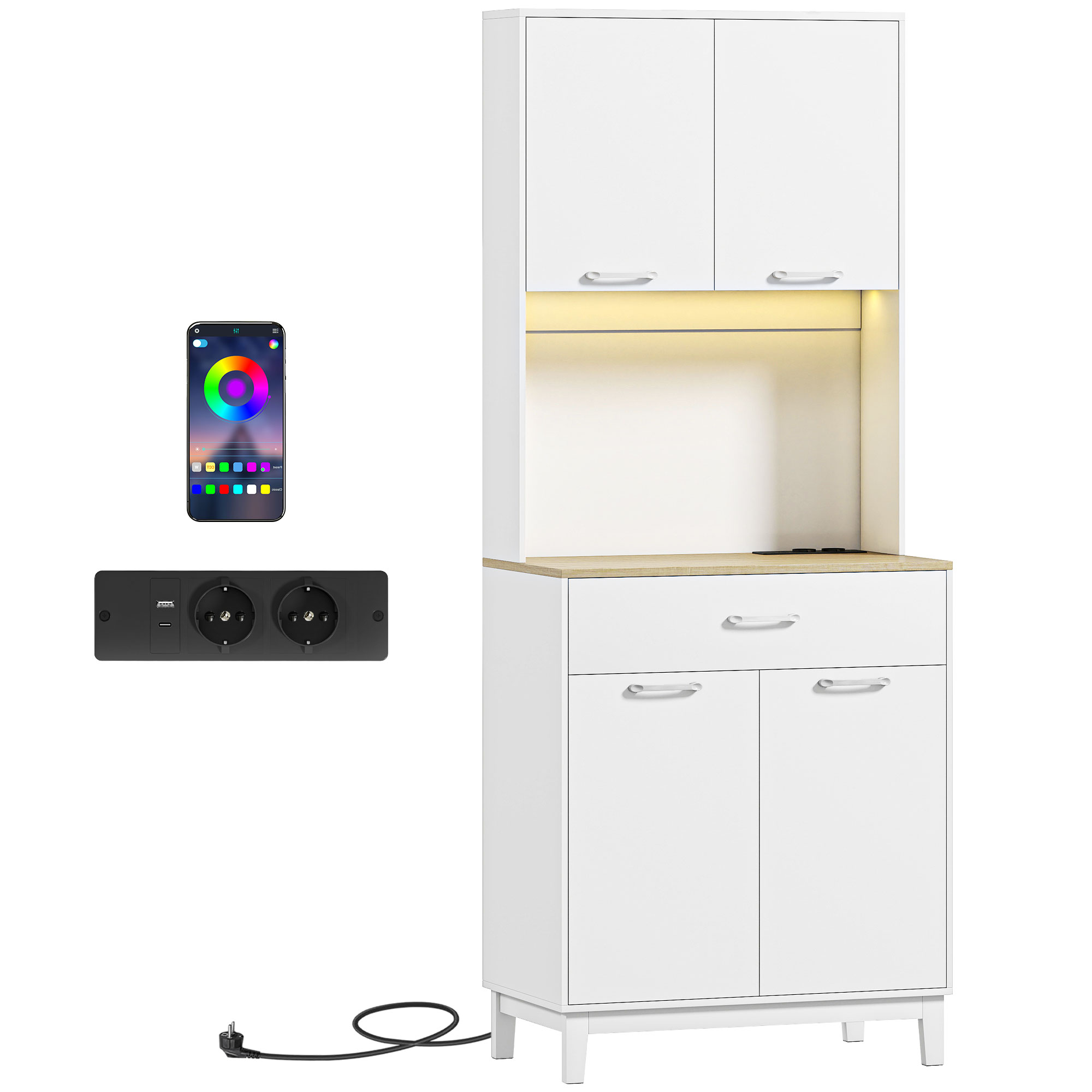 HOMCOM Anrichte Küche, Vorratsschrank mit LED-Licht und Ladestation mit USB, Küchenschrank mit 2 Schränken, Schublade, verstellbaren Einlegeböden, für Esszimmer, Wohnzimmer, 71x40x180 cm, Weiß Aosom
