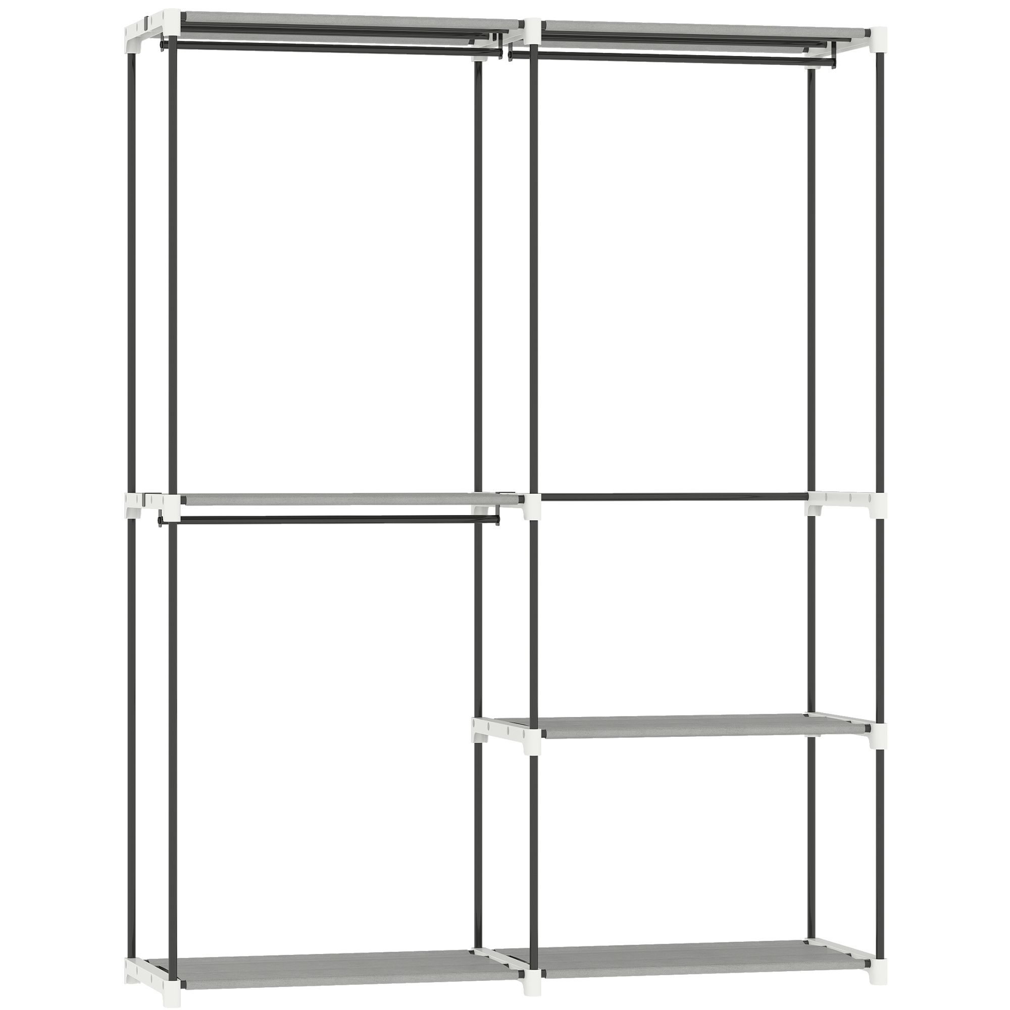HOMCOM Kleiderschrank, Garderobe, 142x43x185 cm, offener Kleiderschrank mit 4 Vliesstoff-Regalen, 3 Kleiderstangen, Metallrahmen, für Schlafzimmer, Wohnzimmer, Ankleide, Hellgrau   Aosom