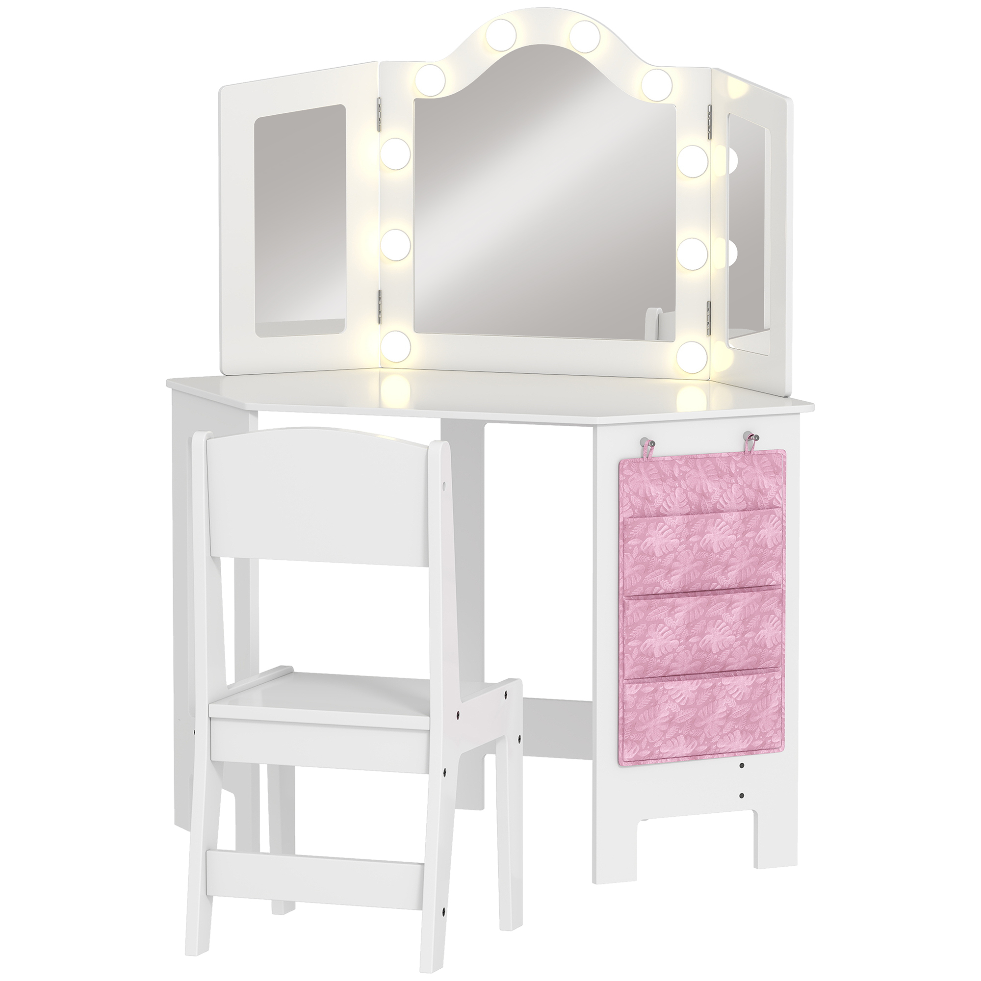 AIYAPLAY Kinder-Schminktisch mit Hocker, Mädchen-Schminktisch mit 2‑farbigen LED-Lichtern, dreifach klappbarem Spiegel und Seitentasche, Make-up-Tisch für Kinder 3–8 Jahre, Weiß   Aosom
