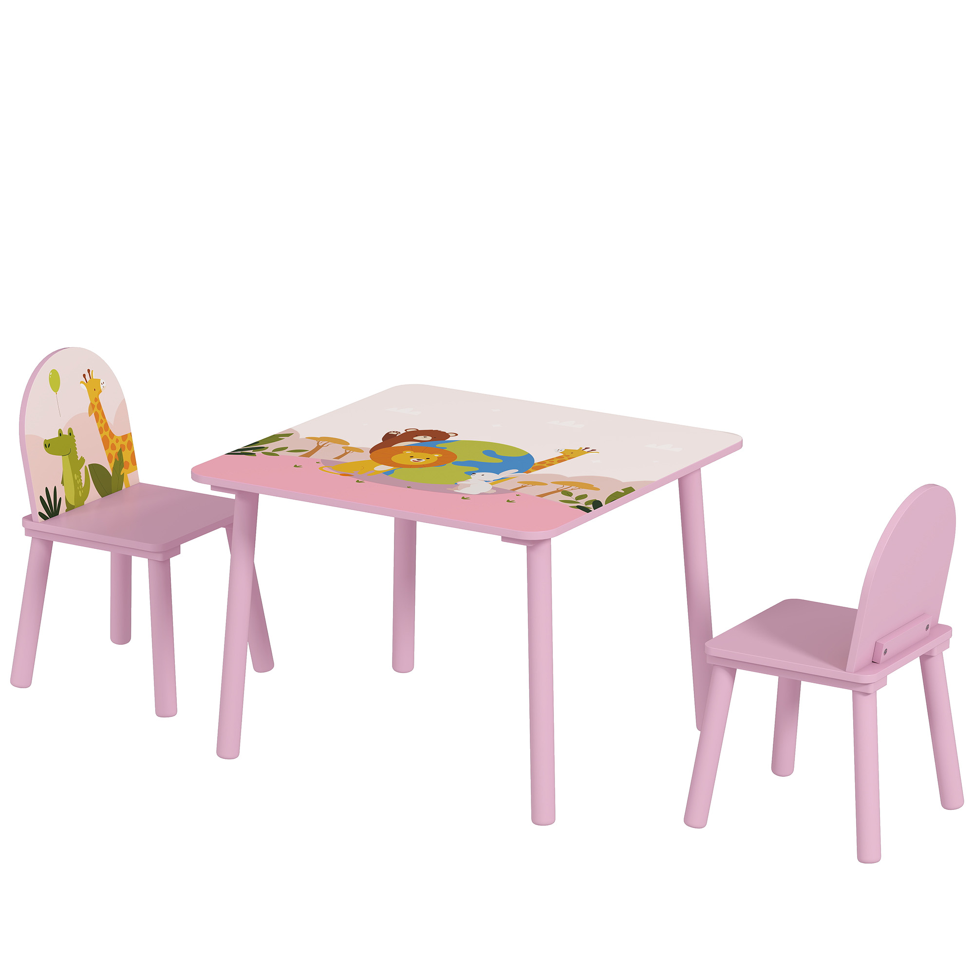 AIYAPLAY Tisch- und Stuhlset für Kinder 3–8 Jahre mit Tiermotiven und abgerundeten Kanten, Kinderstühle und -tisch aus MDF und Kiefernholz, Rosa   Aosom