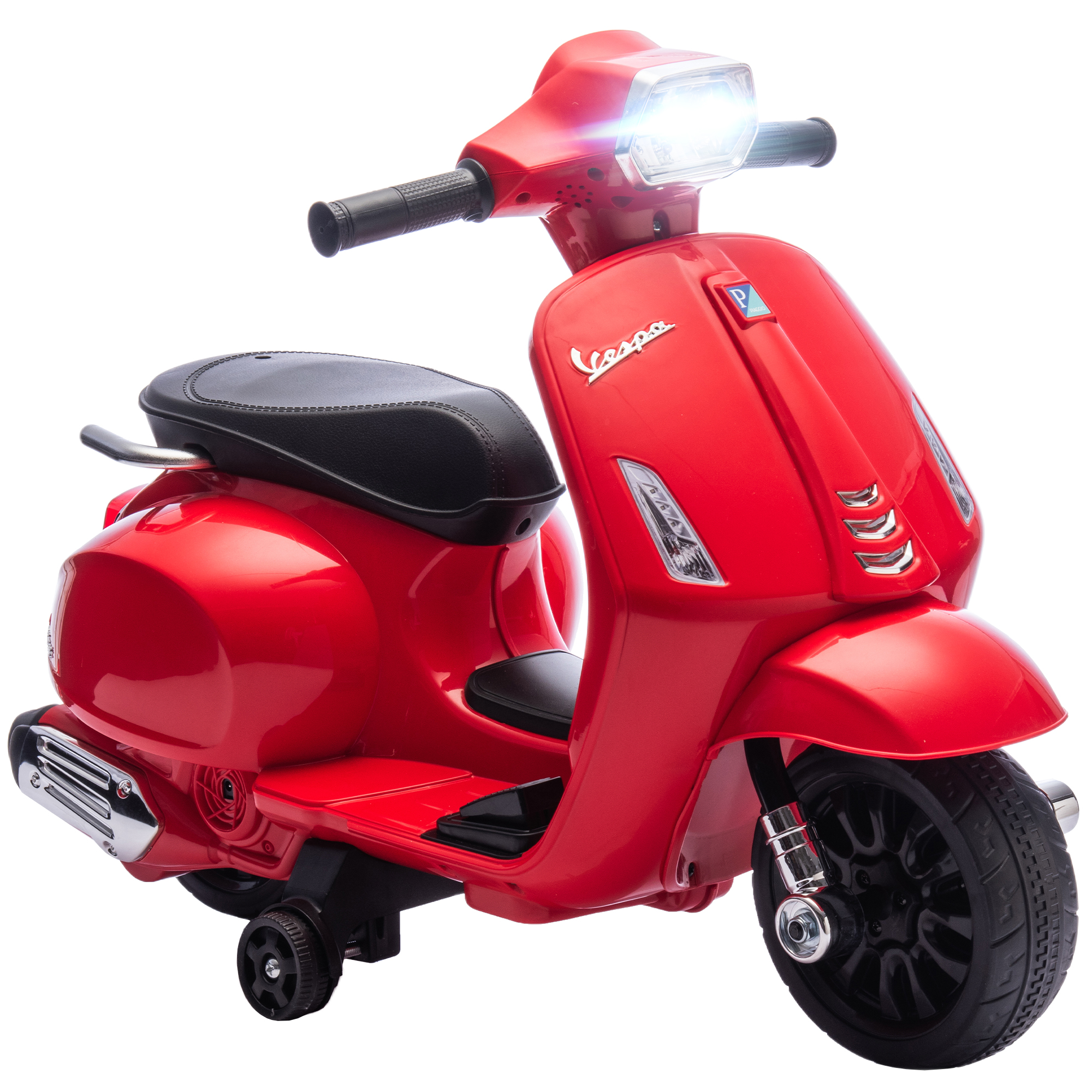 AIYAPLAY Elektrisches Kinder-Motorrad 6V mit Vespa-Lizenz, Kinder-Elektromotorrad mit Stützrädern 17,5 cm, Geschwindigkeit 2,5 km/h, Scheinwerfer und Hupe, für Kinder 2–6 Jahre, Rot Aosom