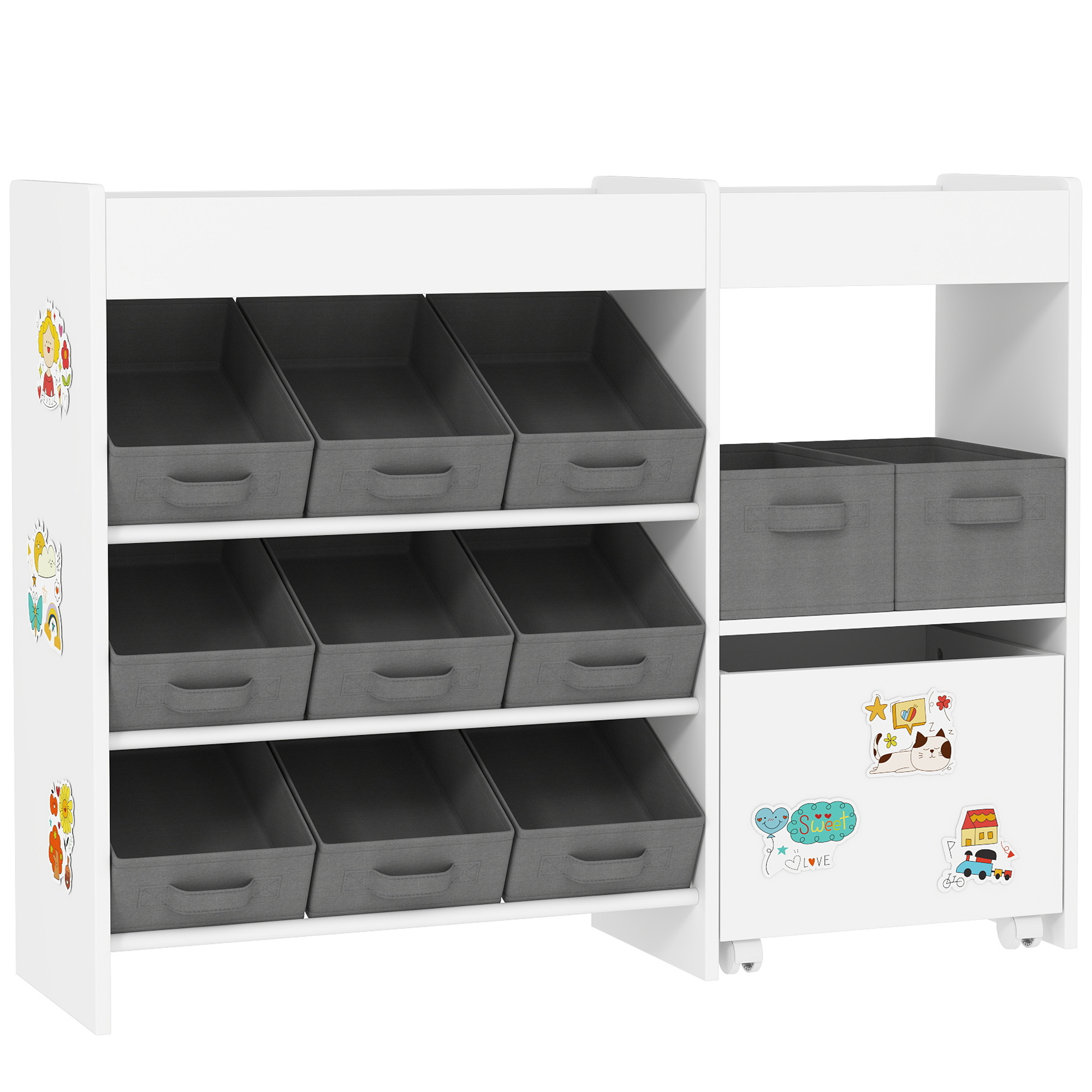 AIYAPLAY Aufbewahrungsregal für Kinder für Spielzeug und Bücher, mit 11 Vliesstoff-Aufbewahrungskörben und einem Schrank auf Rollen, für Kinderzimmer, Wohnzimmer, Spielzimmer, 105 x 30 x 80 cm, weiß Aosom