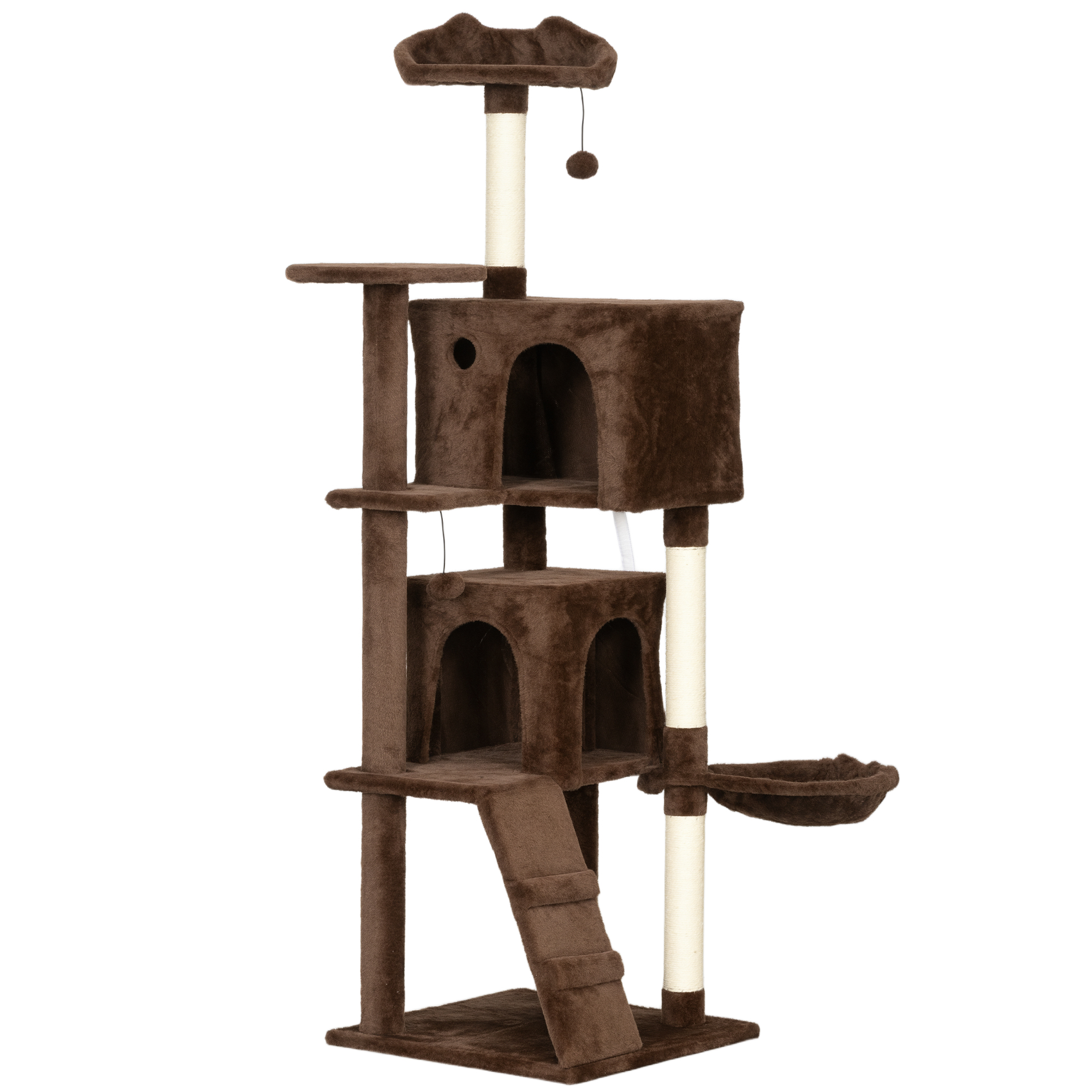 PawHut Kratzbaum für Katzen, Kratzbaum 160 cm, Kletterturm mit mehreren Plattformen, Bett, 2 Höhlen, Hängematte, Leiter, Sisalstämme, Spielbälle, Braun   Aosom