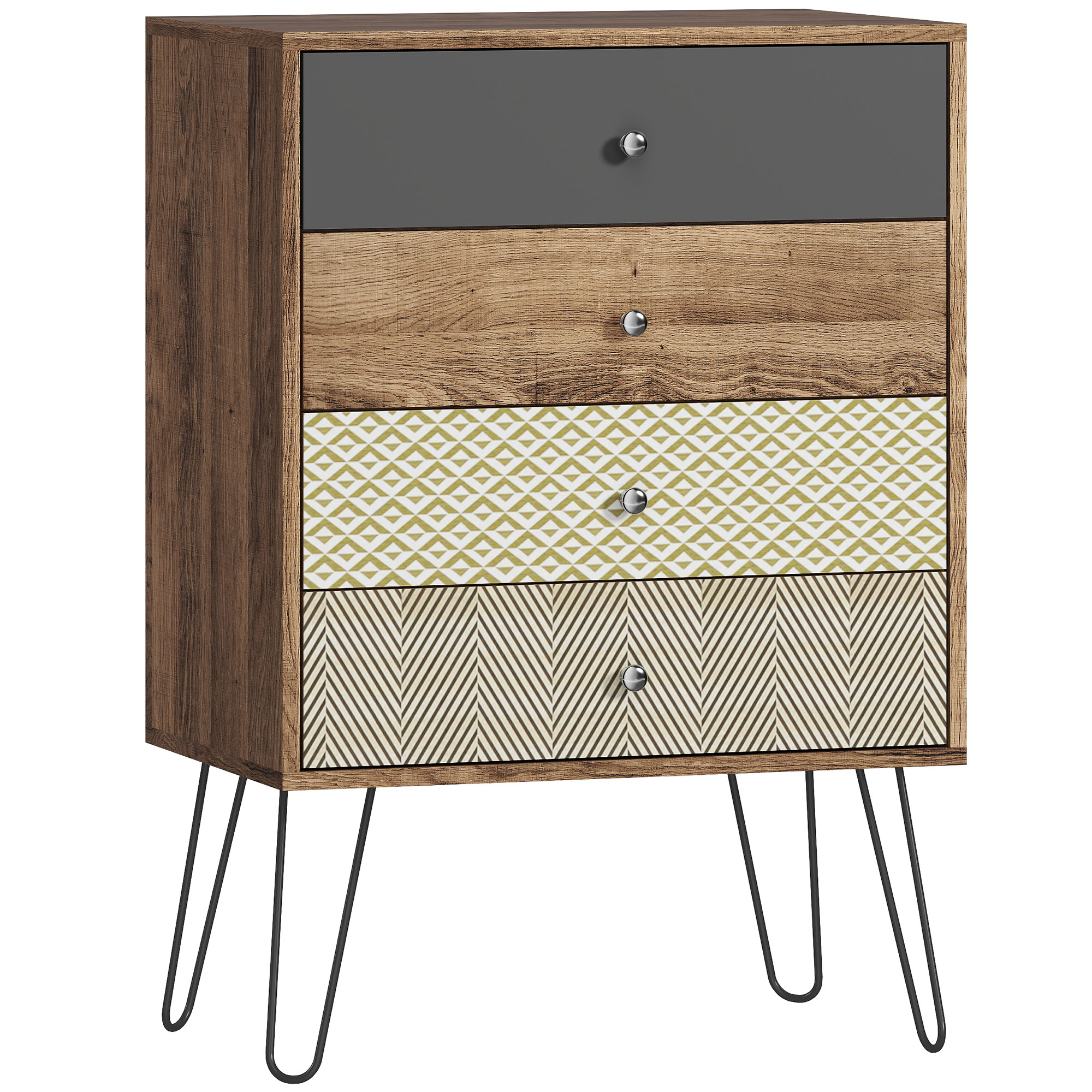 HOMCOM Kommode 4 Schubladen, Schlafzimmerkommode, mit Gabelbeinen aus Stahl, Kommode für Wohnzimmer, Büro, Boho‑Stil, 60x39x86 cm, Mehrfarbig Aosom