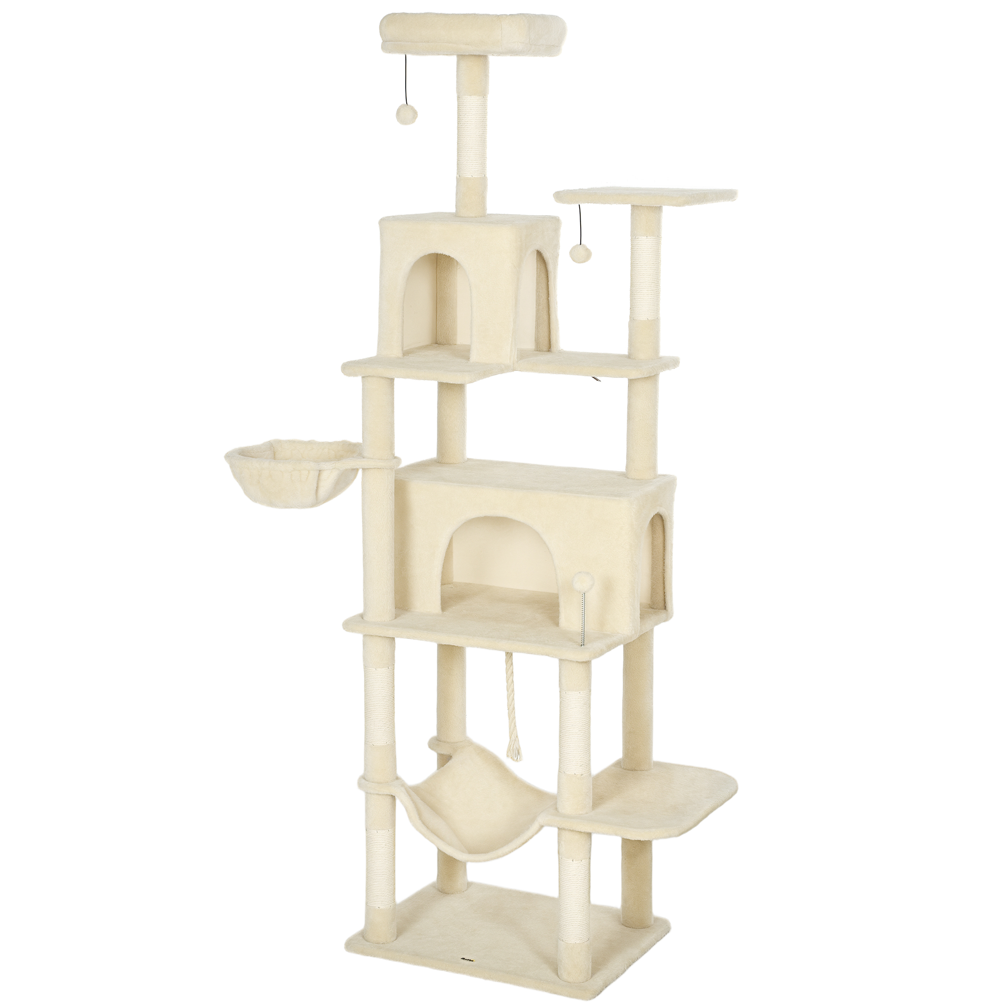 PawHut Kratzbaum für Katzen, 202 cm Katzenbaum, Kletterturm mit Plattformen, Bett, Höhlen, Sisal-Pfosten, Bällen und Seil zum Spielen, Beige   Aosom