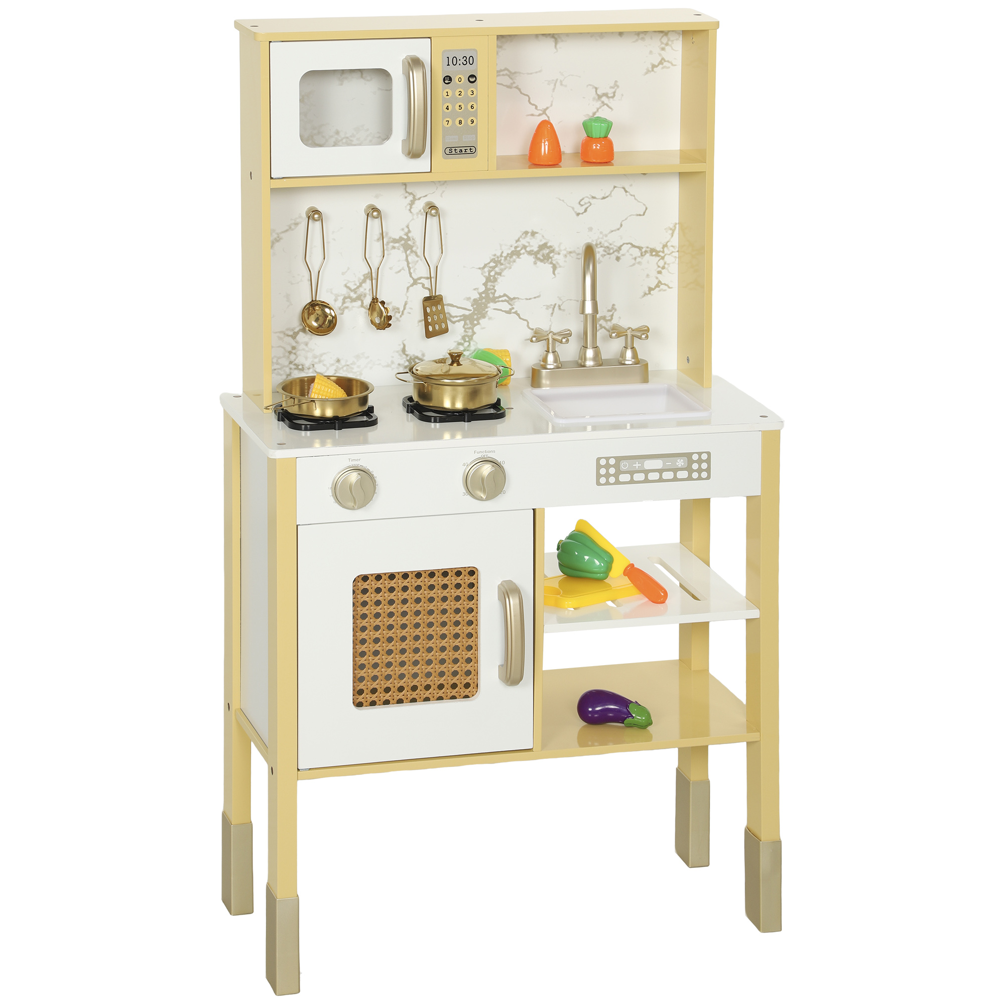 AIYAPLAY Holzspielküche mit Sound, Kinderküche mit Edelstahl-Zubehör, Mikrowelle, Ofen, Spüle, Gemüse zum Schneiden, für Kinder ab 3 Jahren, Gold   Aosom