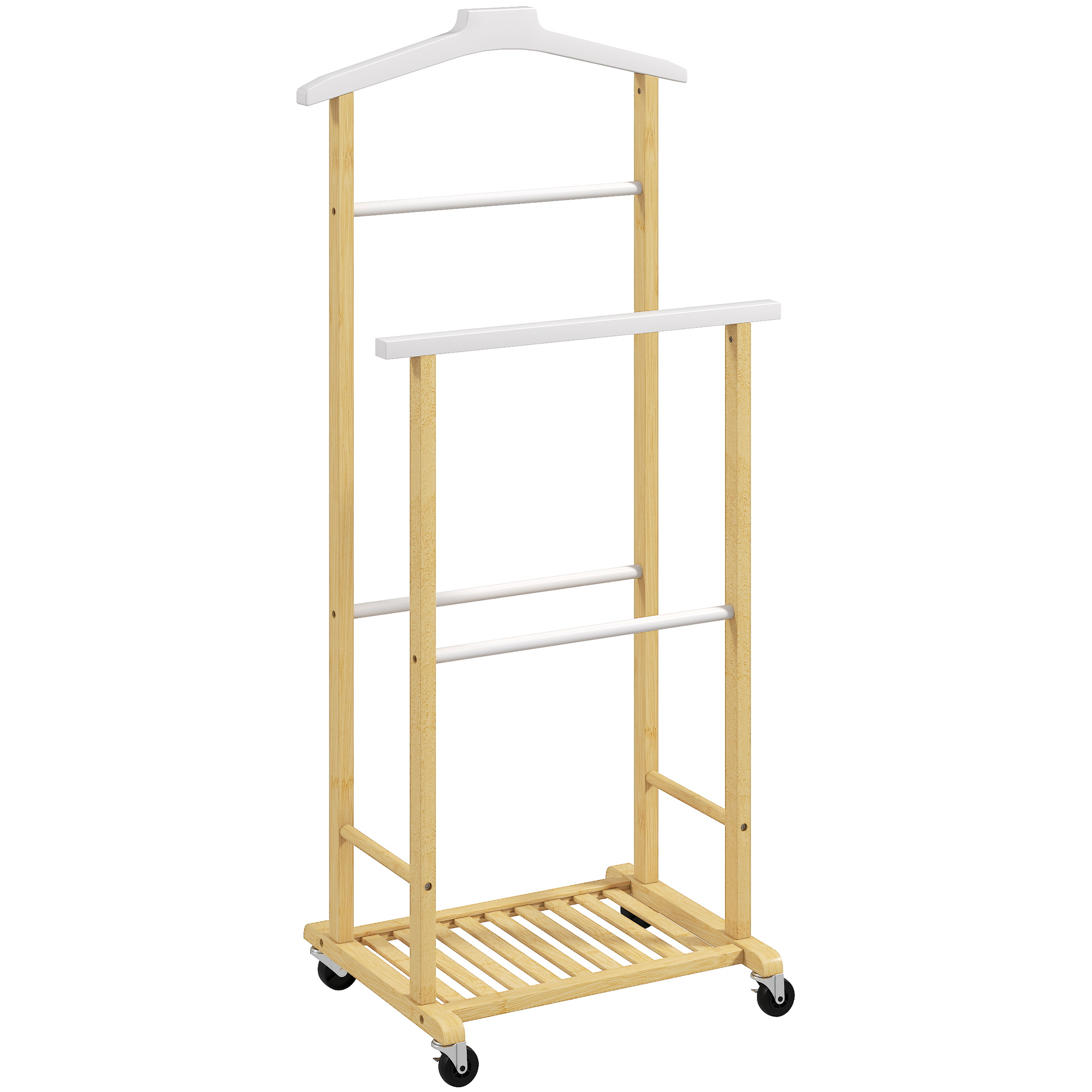 HOMCOM Bambus-Ankleidebock auf Rollen, Kleiderständer mit Hosenstangen und unterem Schuhfach, nordischer Stil, für Schlafzimmer, 47x33,7x105,5 cm, Natur und Weiß   Aosom