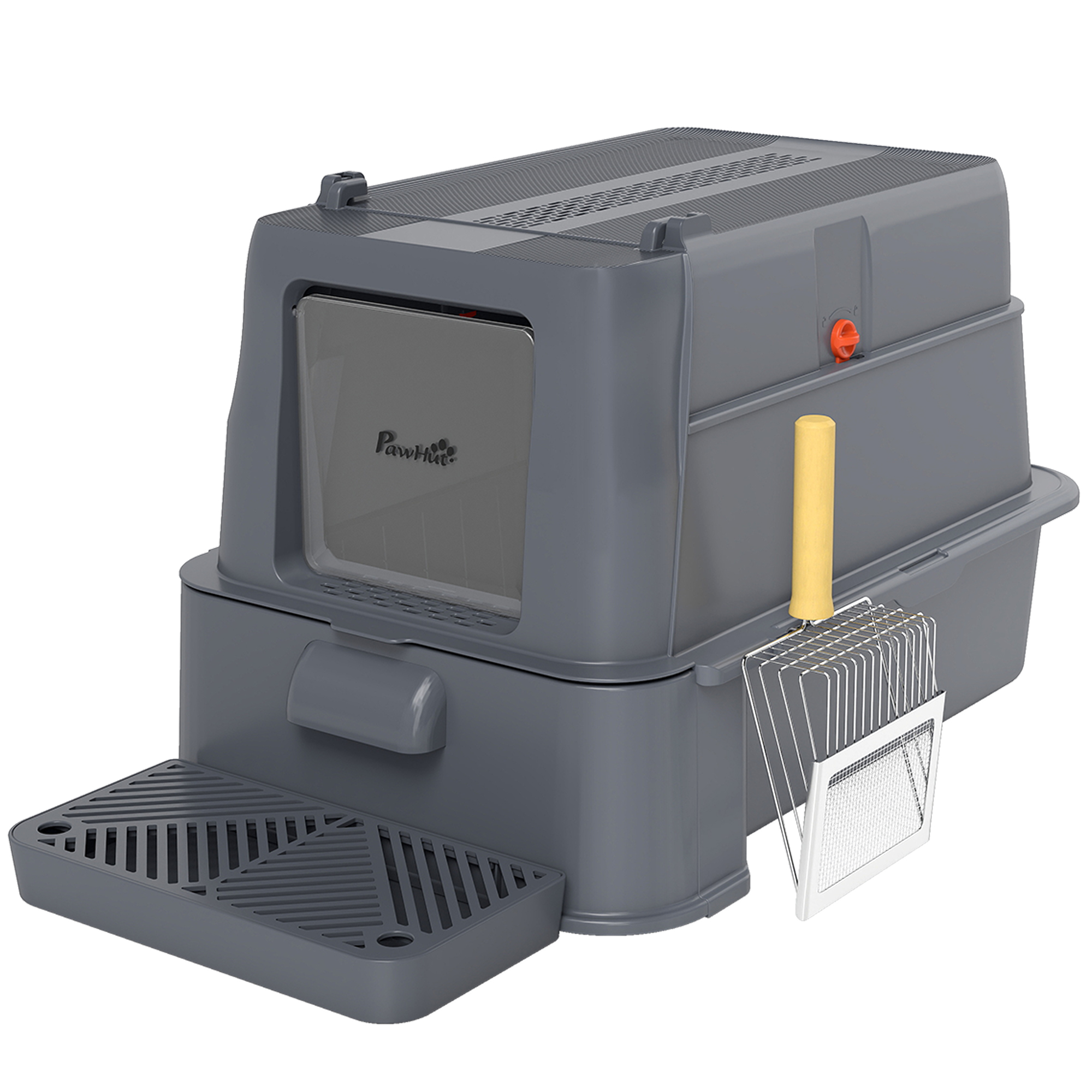 PawHut XL-Katzentoilette mit Edelstahlschale, Katzentoilette mit 180° klappbarem Deckel, hohe Seiten, Fußpedal, Schaufel, geruchsneutral, leicht zu reinigen, auslaufsicher, Dunkelgrau Aosom
