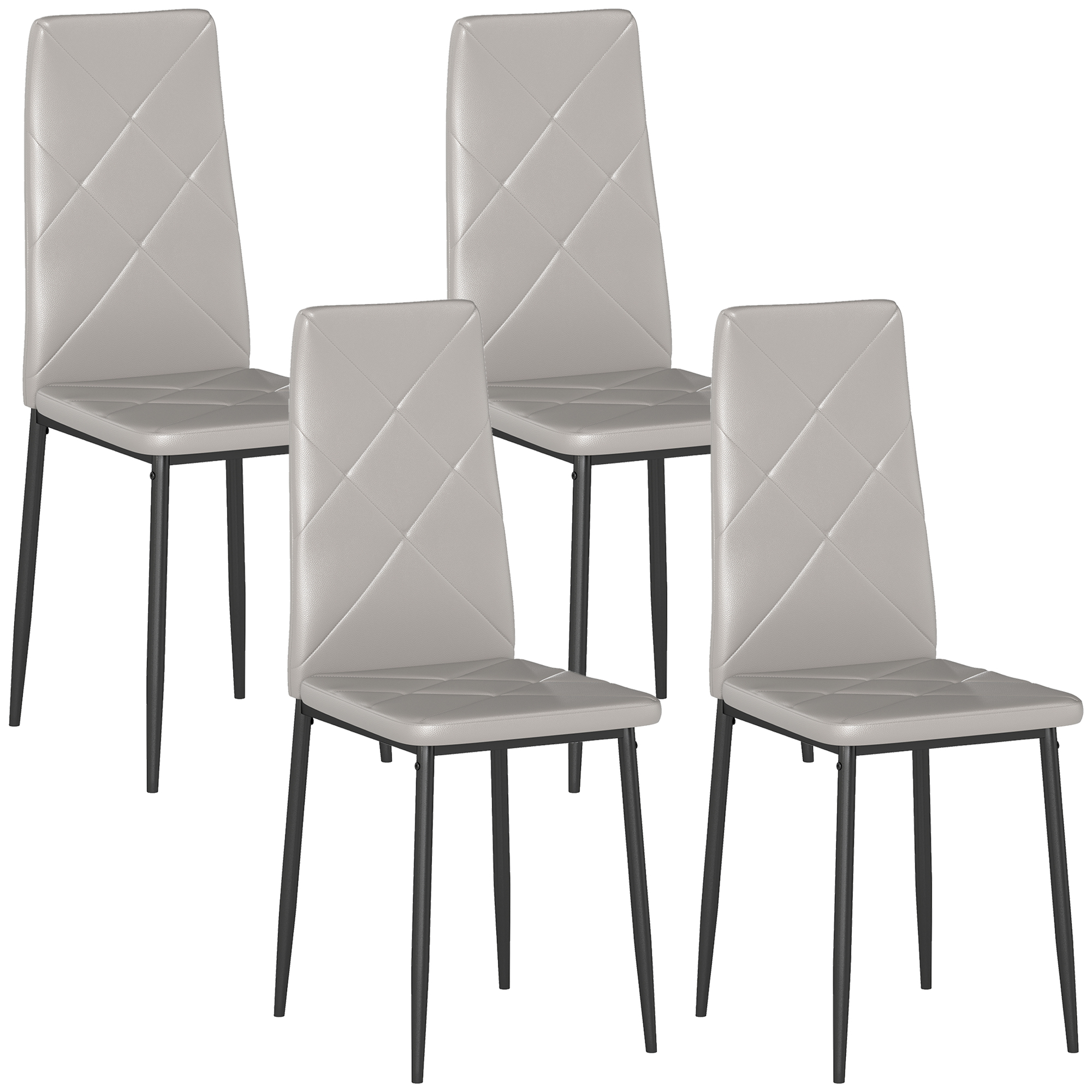 HOMCOM 4er-Set Esszimmerstühle aus Kunstleder, Küchenstühle mit hoher Rückenlehne und Diamantsteppung sowie Stahlbeinen, moderne Stühle für Küche, Schlafzimmer, Büro und Wohnzimmer, Grau Aosom