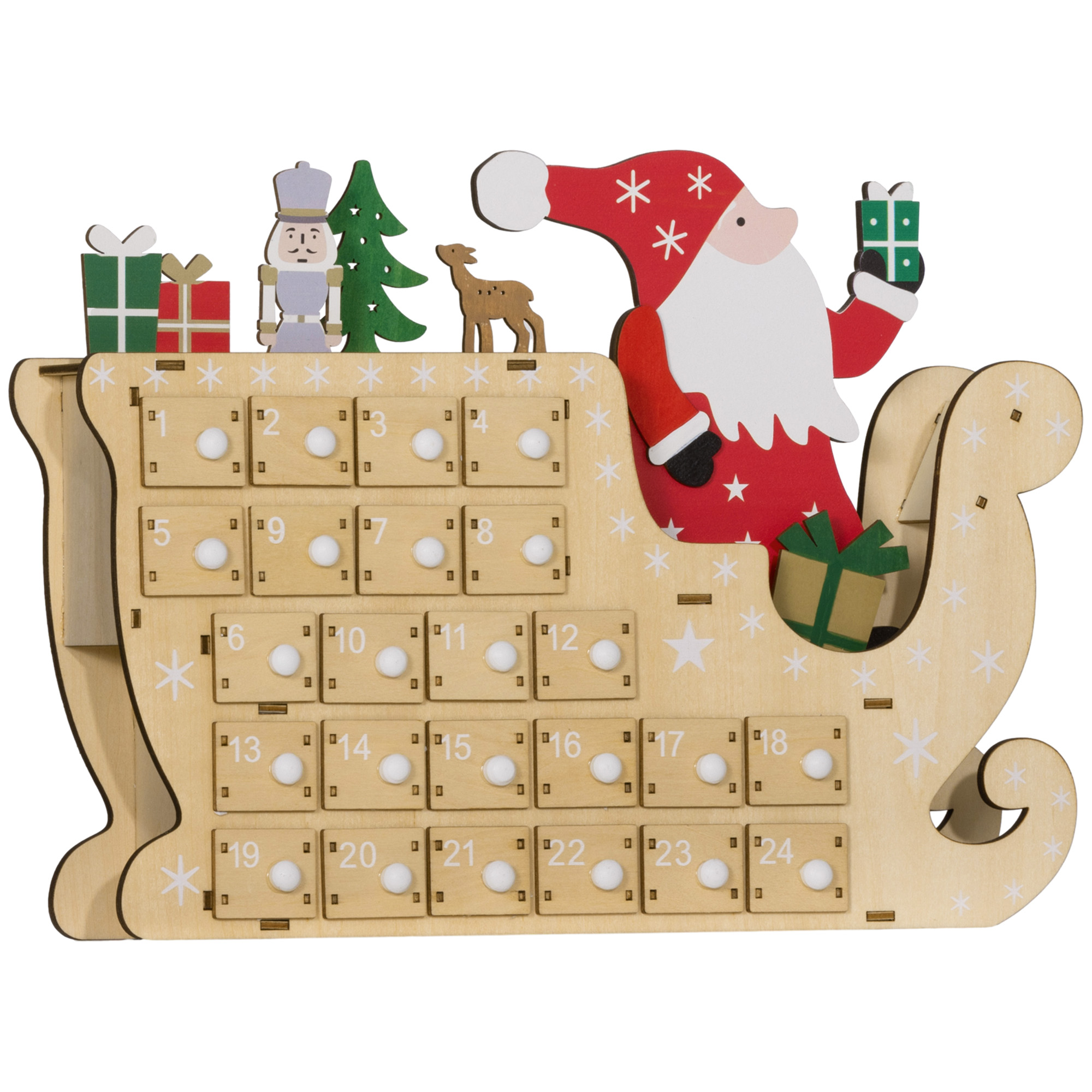 HOMCOM Adventskalender aus Holz mit 24 Schubladen, wiederverwendbarer befüllbarer Adventskalender, dekoriert mit dem Weihnachtsmann in seinem Schlitten, Weihnachtsdekoration, 22,5x8x36 cm, Natur   Aosom