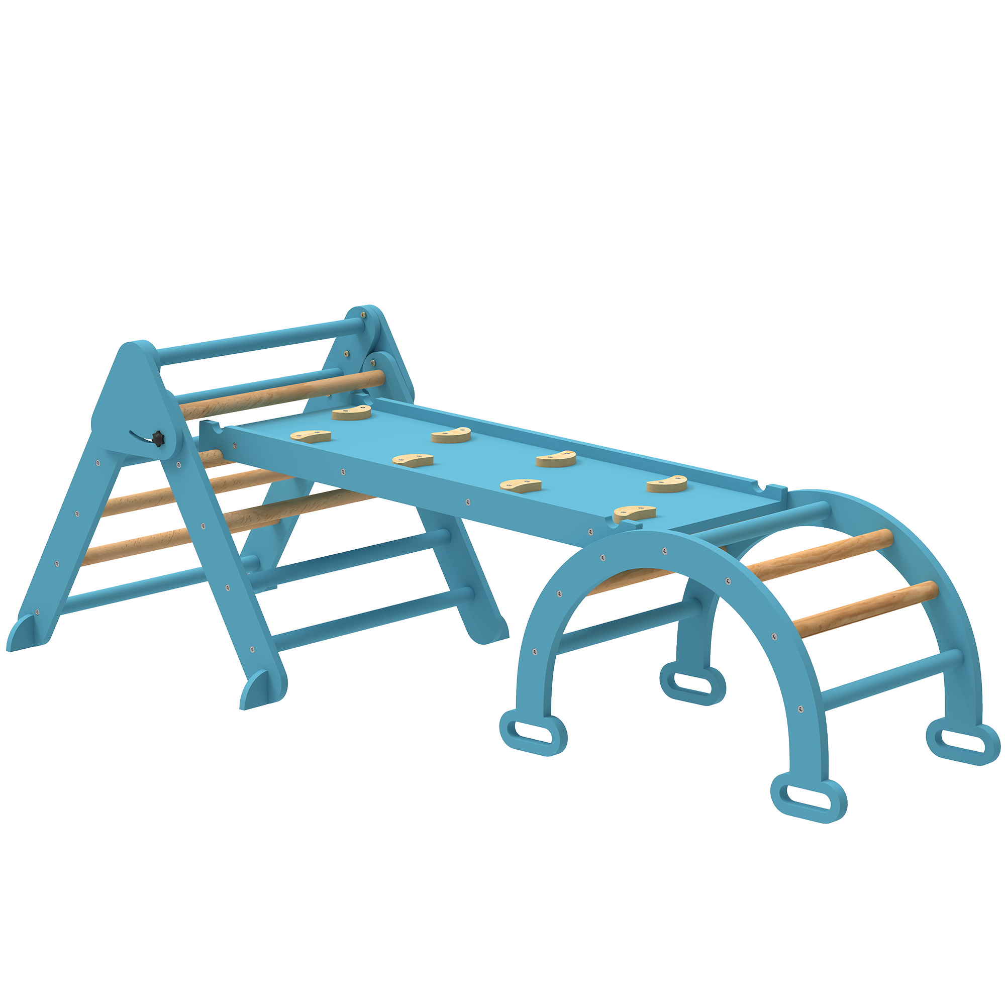 AIYAPLAY 7 en 1 Montessori Kletterdreieck mit Bogen und Rampe, faltbares Holz-Klettergerät für Kinder 18-48 Monate, Rutschen oder Klettern, 188x70 cm, Blau Aosom