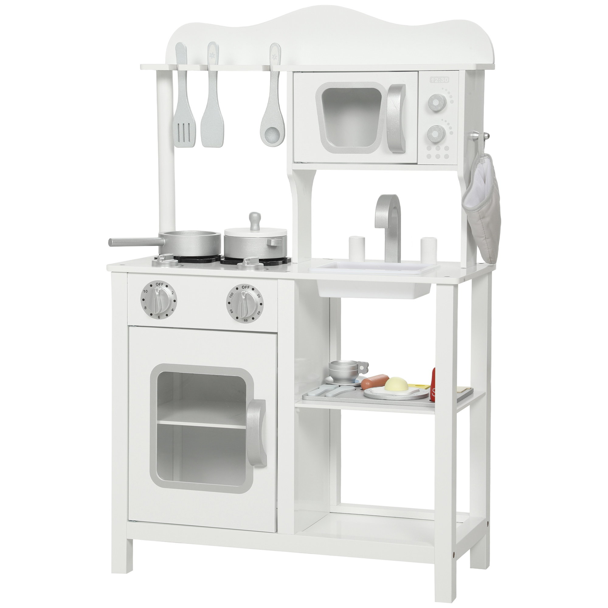 AIYAPLAY Holz-Spielküche mit Geräuschen, Kinderküche mit Zubehör, Spüle, Mikrowelle und Kochfeld, Spielzeug für Kinder ab 3 Jahren, 55x24x86 cm, Weiß   Aosom