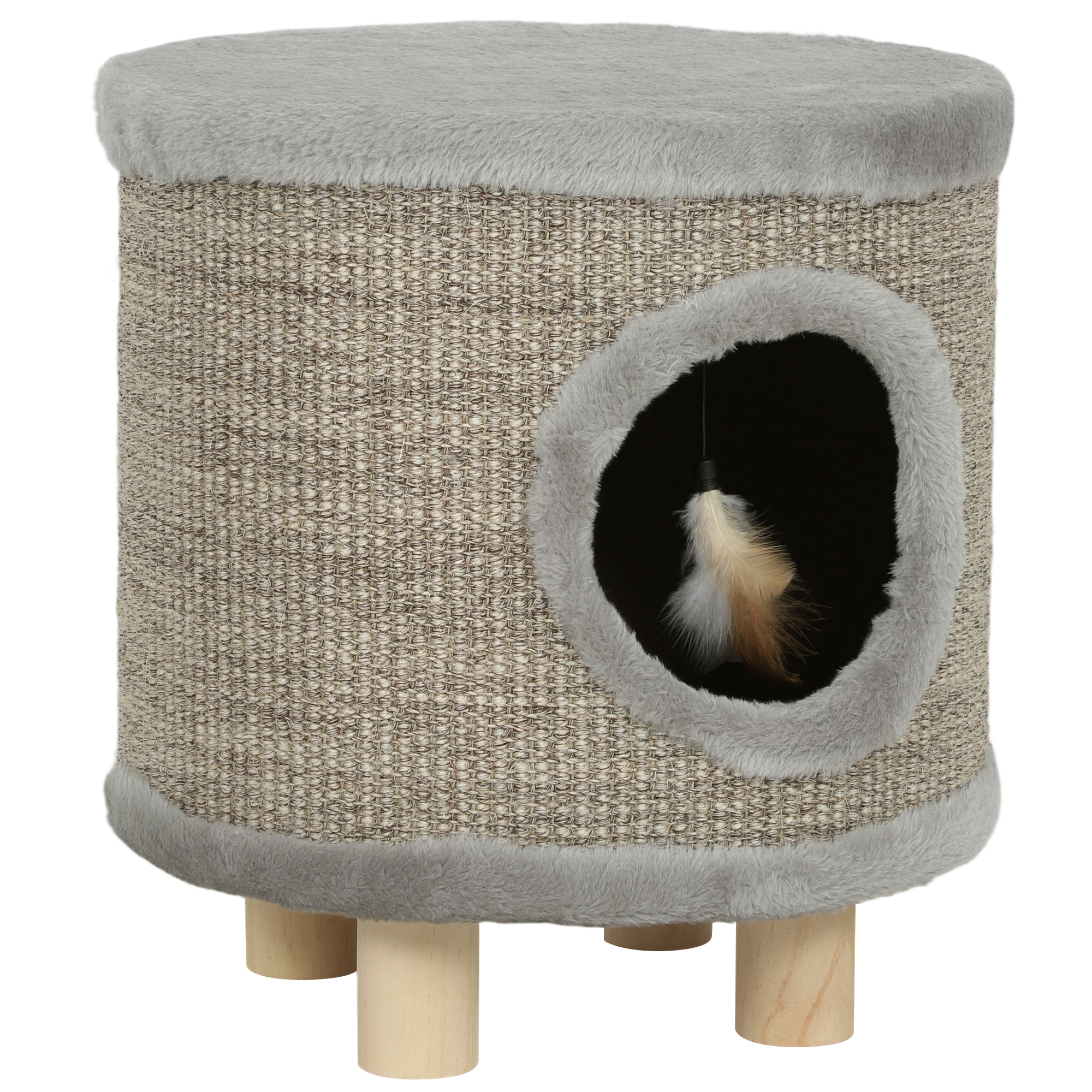 PawHut Katzenhaus 3-in-1 Hocker, Fußhocker, Katzenbett mit Kratzfläche, Holzbeine und hängender Feder, Innenhöhle, 36x36x38 cm, Grau   Aosom