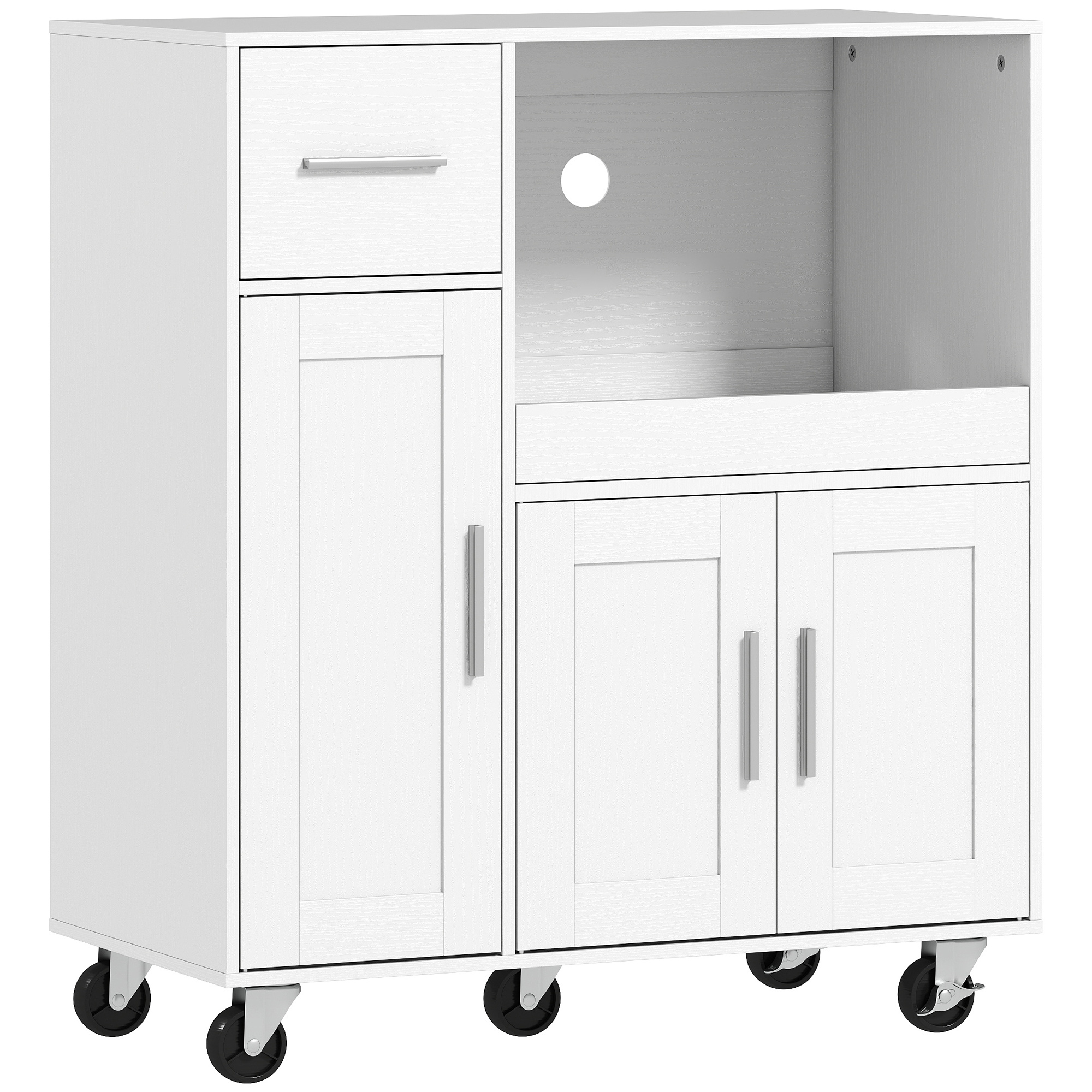 HOMCOM Küchenbeistellschrank auf Rollen, Sideboard für Mikrowelle mit ausziehbarer Ablage, Schublade, 3 Türen, verstellbares Fach und Kabeldurchlass, für Wohnbereich, 80x40x88,7 cm, Weiß   Aosom