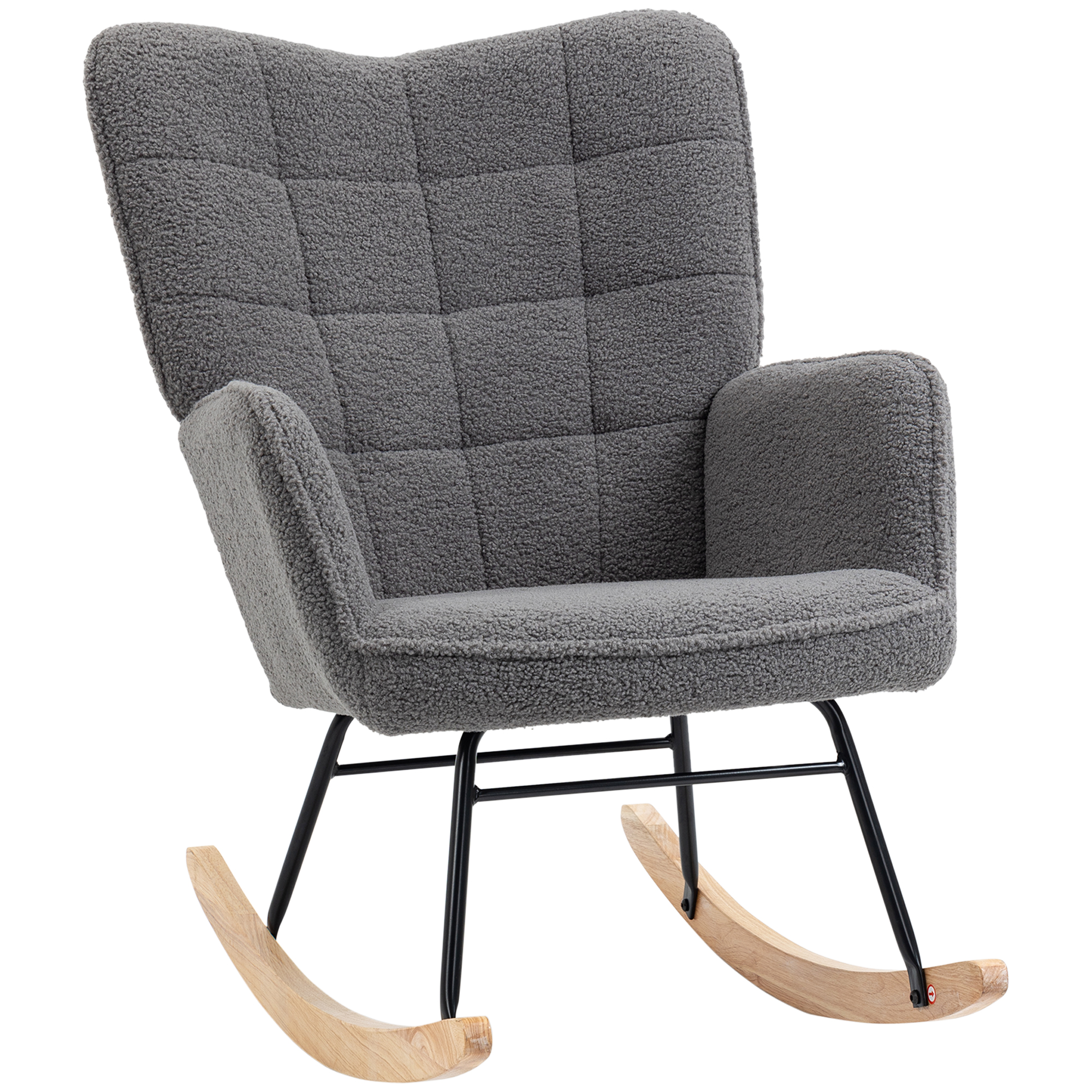 HOMCOM Schaukelstuhl, Schaukelsessel mit Berbervliesoptik, Armlehne, Gepolsterter Sessel mit Holzkufen, Relaxsessel für Wohnzimmer, Schlafzimmer, bis 120kg belastbar, Dunkelgrau   Aosom