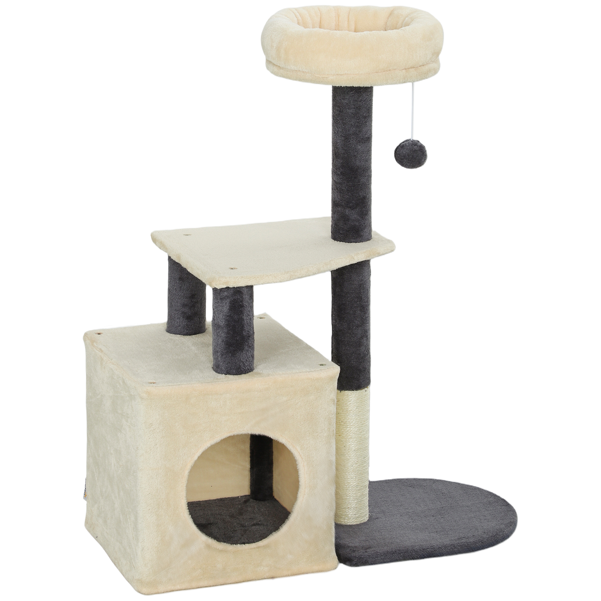 PawHut Kratzbaum für Katzen 92 cm hoch, Katzenturm mit Häuschen, oberes Körbchen, Sisalstangen und Ball, für ausgewachsene Katzen und Kätzchen, Cremeweiß   Aosom