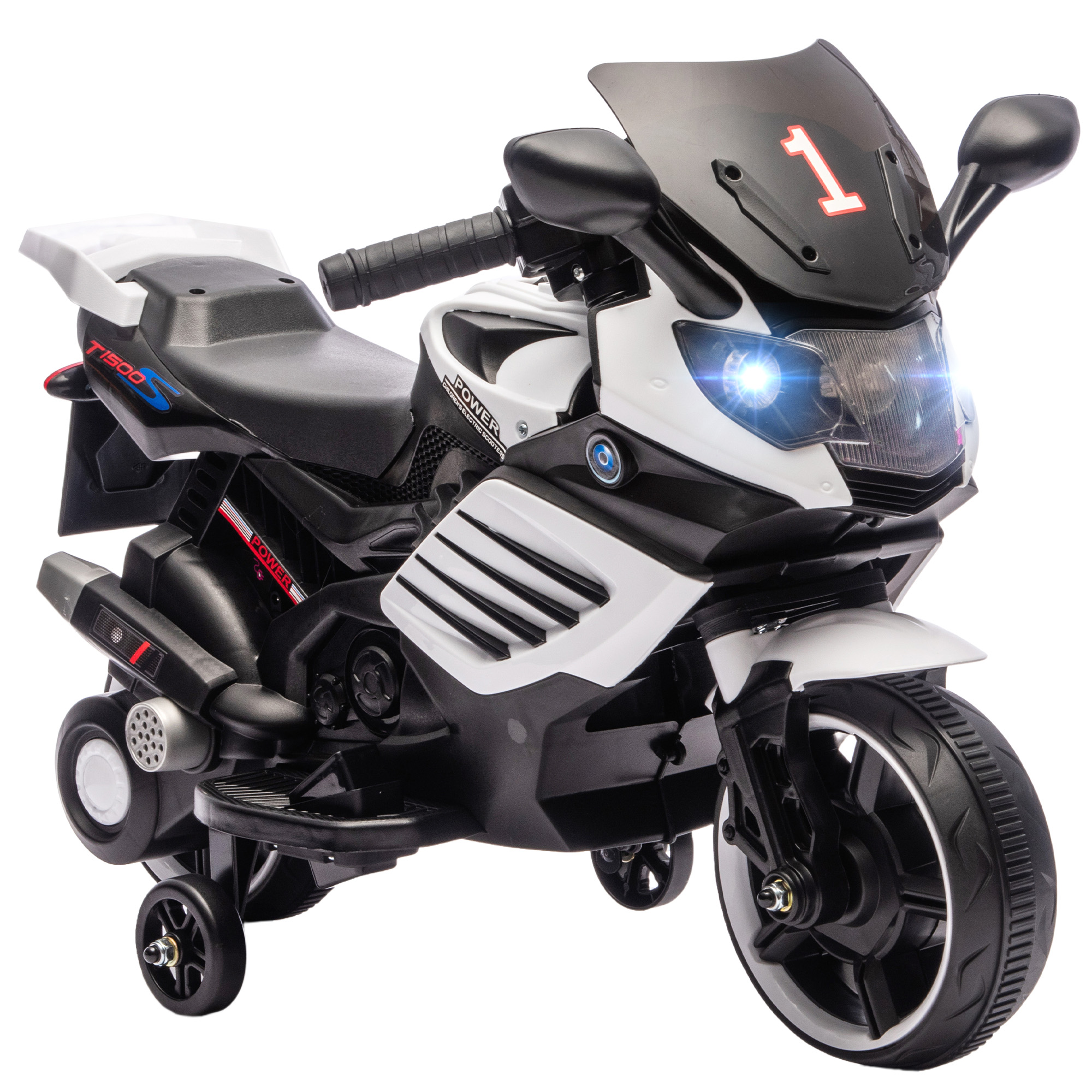 AIYAPLAY 6V Elektro-Motorrad für Kinder mit abnehmbaren Stützrädern, Spielzeug-Motorrad für Kinder 18-36 Monate mit Scheinwerfern und integrierter Musik, Weiß   Aosom