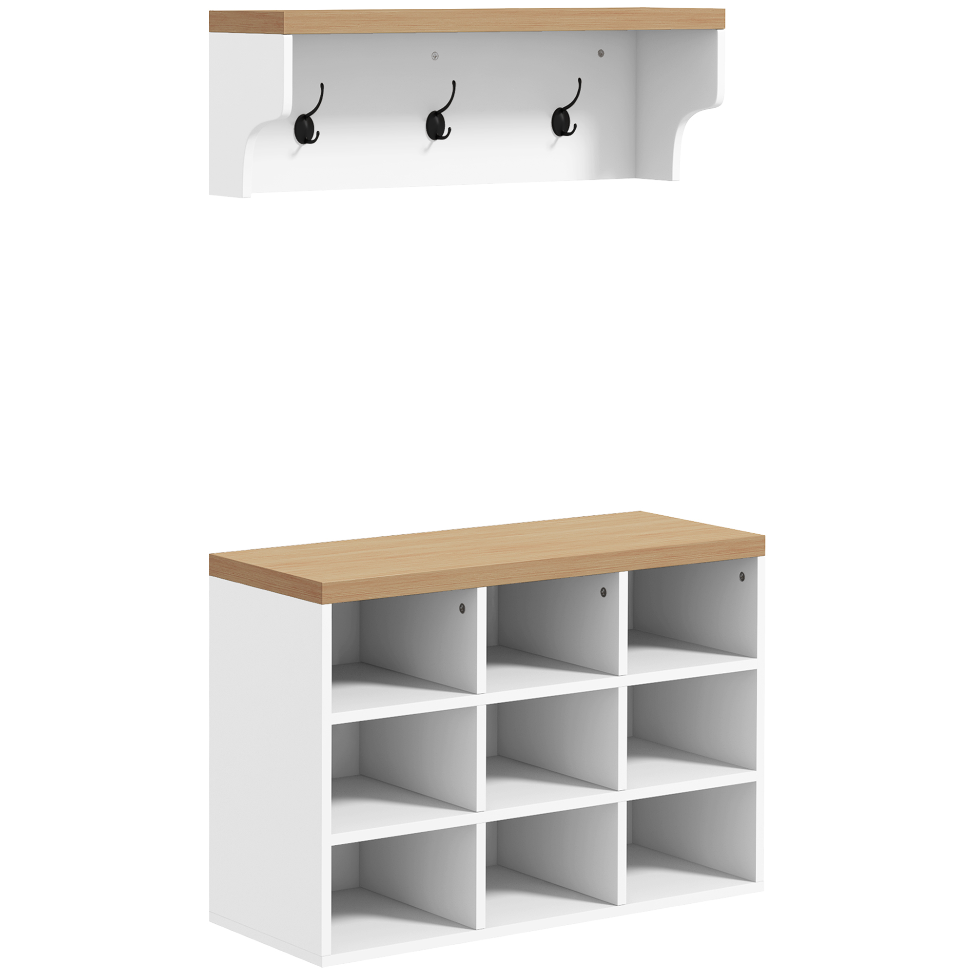 HOMCOM 2-in-1 Flurmöbel-Set, Wandgarderobe mit Schuhbank, Garderobe, mit 3 Haken und 9 Fächern, für Wohnzimmer, Schlafzimmer, Eingangsbereich, Weiß und Eiche   Aosom