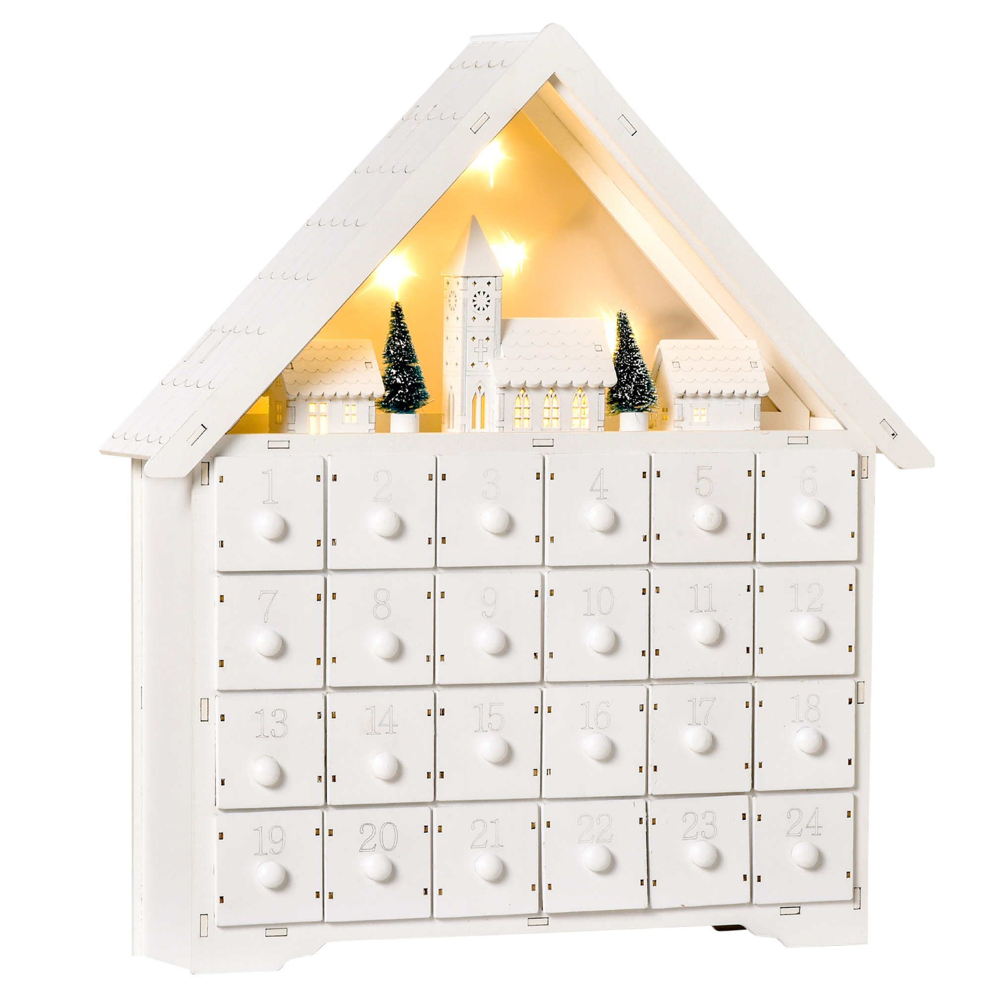 HOMCOM Adventskalender zum Befüllen mit 24 Schubladen & LED-Lichtern, 2-in-1-Design Weihnachtsdeko in Weiß 39 x 9 x 42 cm   Aosom.de