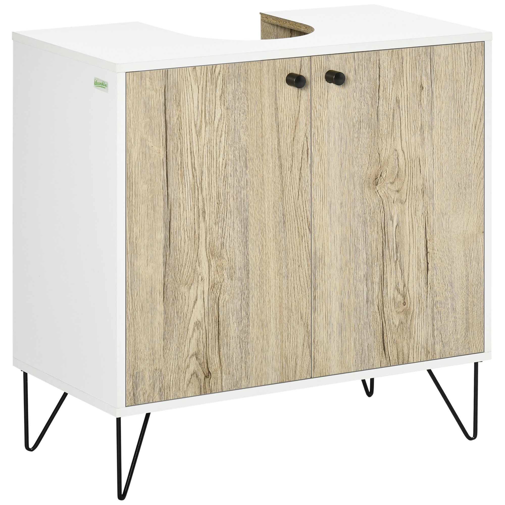 kleankin Waschbecken-Unterschrank, Badezimmermöbel mit 2 Türen und Einlegeboden, Stahlfüße, Unterschrank fürs Waschbecken, moderner Stil, 60 x 30 x 60 cm, weiß und Naturholz   Aosom