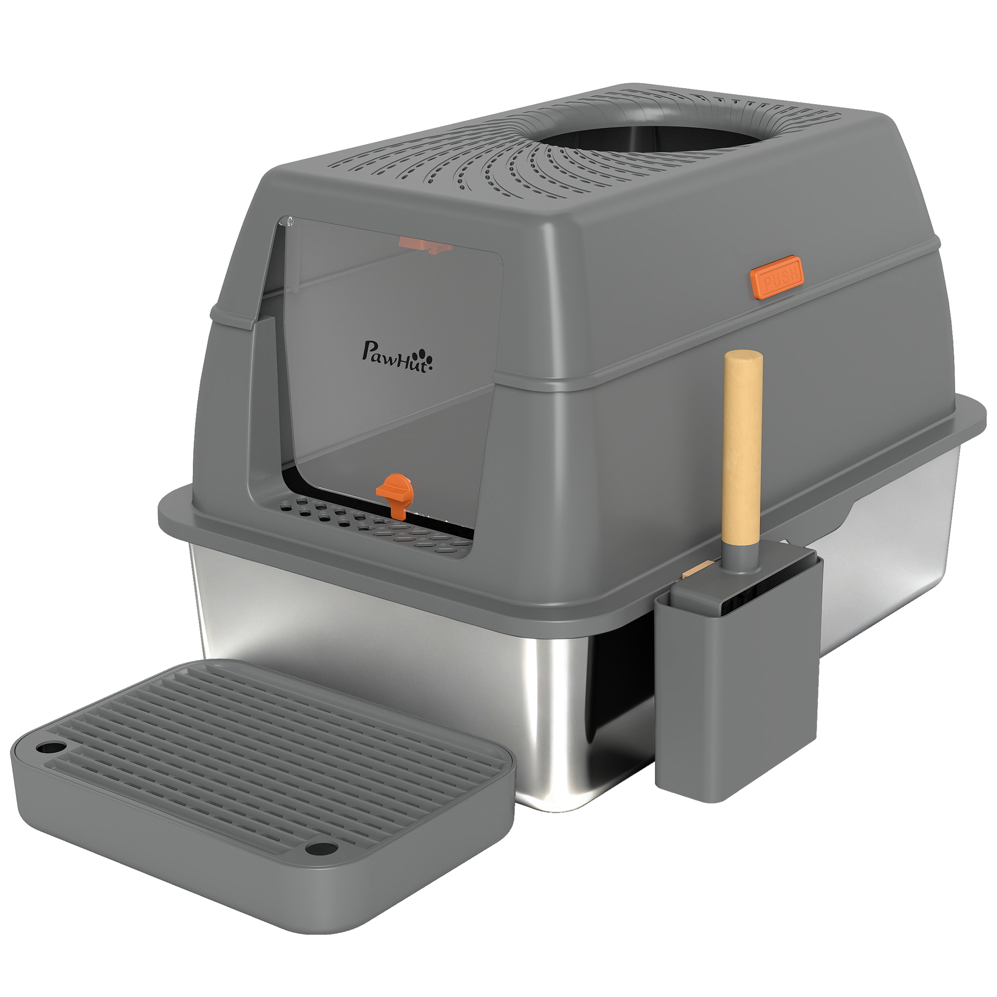 PawHut XL geschlossene Katzentoilette aus Edelstahl, 80 l – Doppelzugang, Anti-Streu, mit Schaufel, 60×40×38 cm, dunkelgrau Aosom