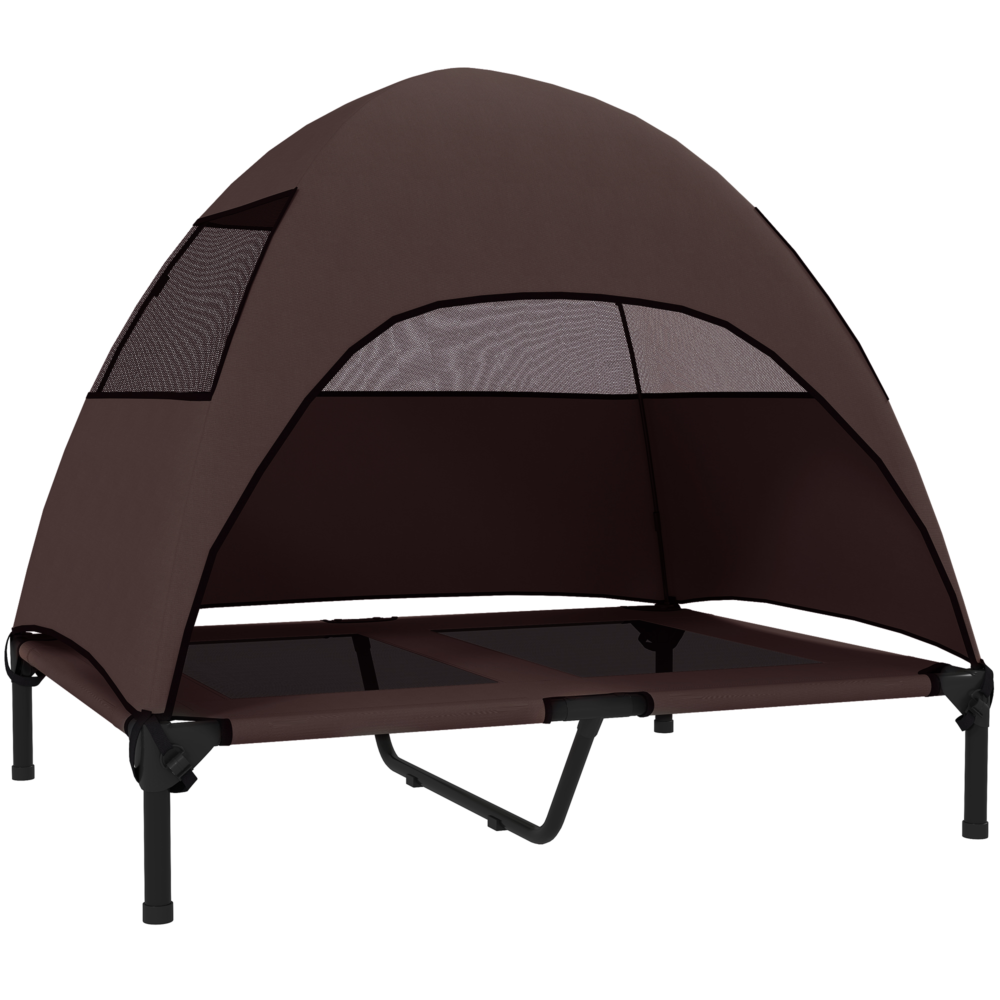 PawHut Hundeliege Outdoor mit Dach, Erhöhtes Hundebett für Große Hunde, Kühlendes Haustierliege mit Waschbares Mesh Metallrahmen Tragtasche, Haustierbett für Draußen Camping 91x76x90cm, Kaffee   Aosom