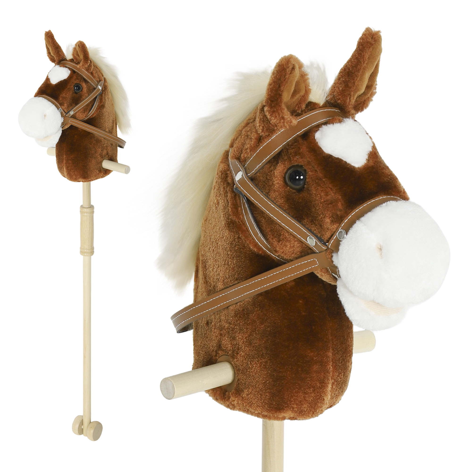 AIYAPLAY Steckenpferd Kinder Steckenpferde mit Sound, Griffe, Rolle, Stockpferd zum Reiten, Holzstab, Hobby Horsing Für Party Cosplay, für Kinder 24+ Monate, Braun   Aosom