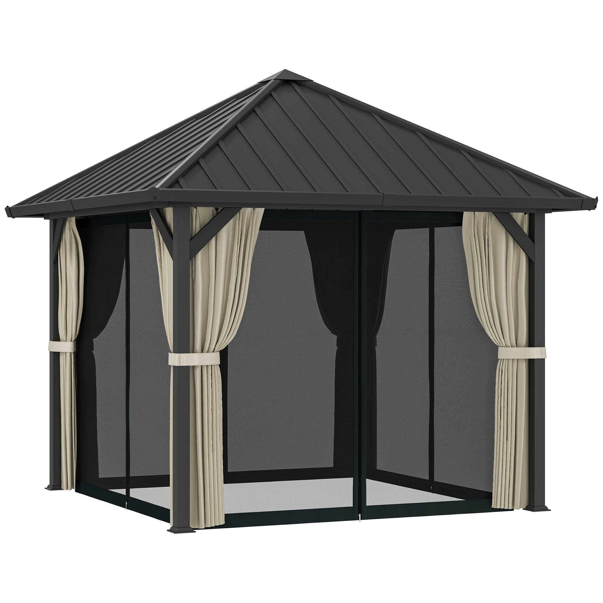 Outsunny Pavillon mit Hardtop, ca. 3x3 m Wasserdicht Stabil Winterfest Gartenpavillon mit Moskitonetz, Seitenteile, Garten Pavillon aus Metall, Pavillon für Garten, Terrasse, Dunkelgrau Aosom