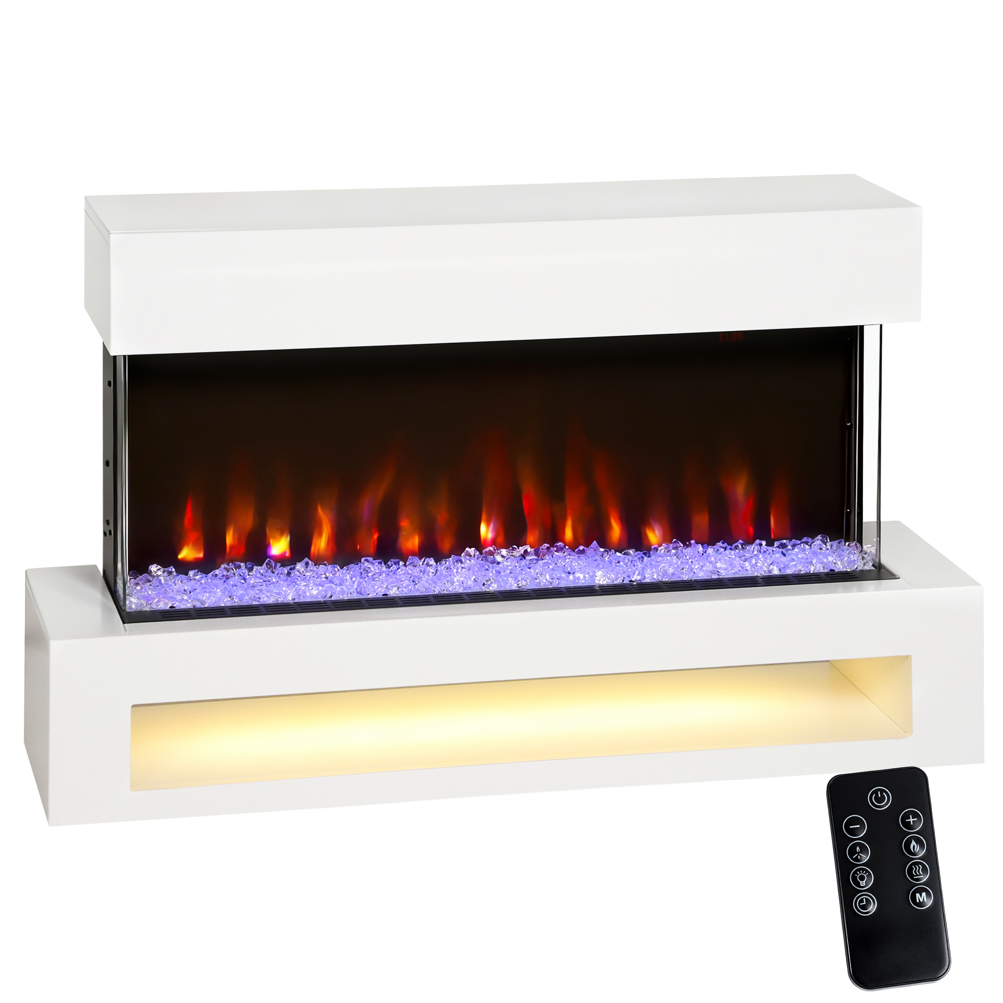 HOMCOM Elektrokamin mit Heizung, Elektrischer Wandamin mit 11 Farbige Flammeneffekt, 10 Kristallfarben, 2000W Standkamin Dekokamin mit Regal, Fernbedienung, Timer, Thermostat, LED Anzeige   Aosom