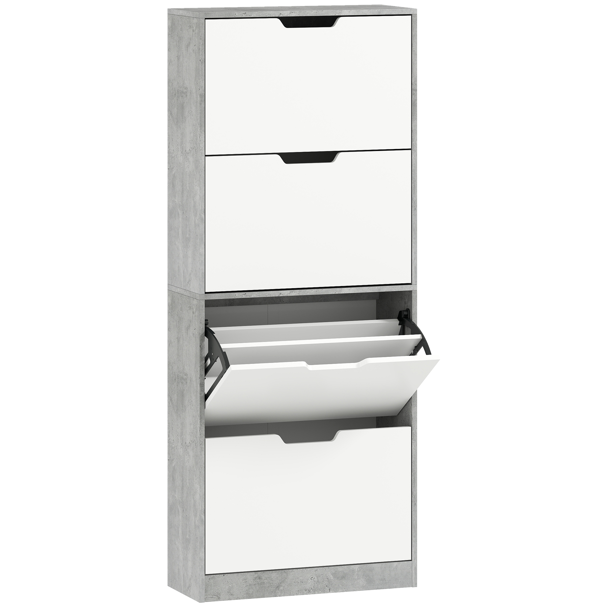 HOMCOM Platzsparender Slim-Schuhschrank mit 4 Klappen, Schuhschrank für den Eingangsbereich mit verstellbaren Böden, Platz für 16 Paar, eingelassene Griffmulde, 62.5x26x156 cm, Betongrau Aosom