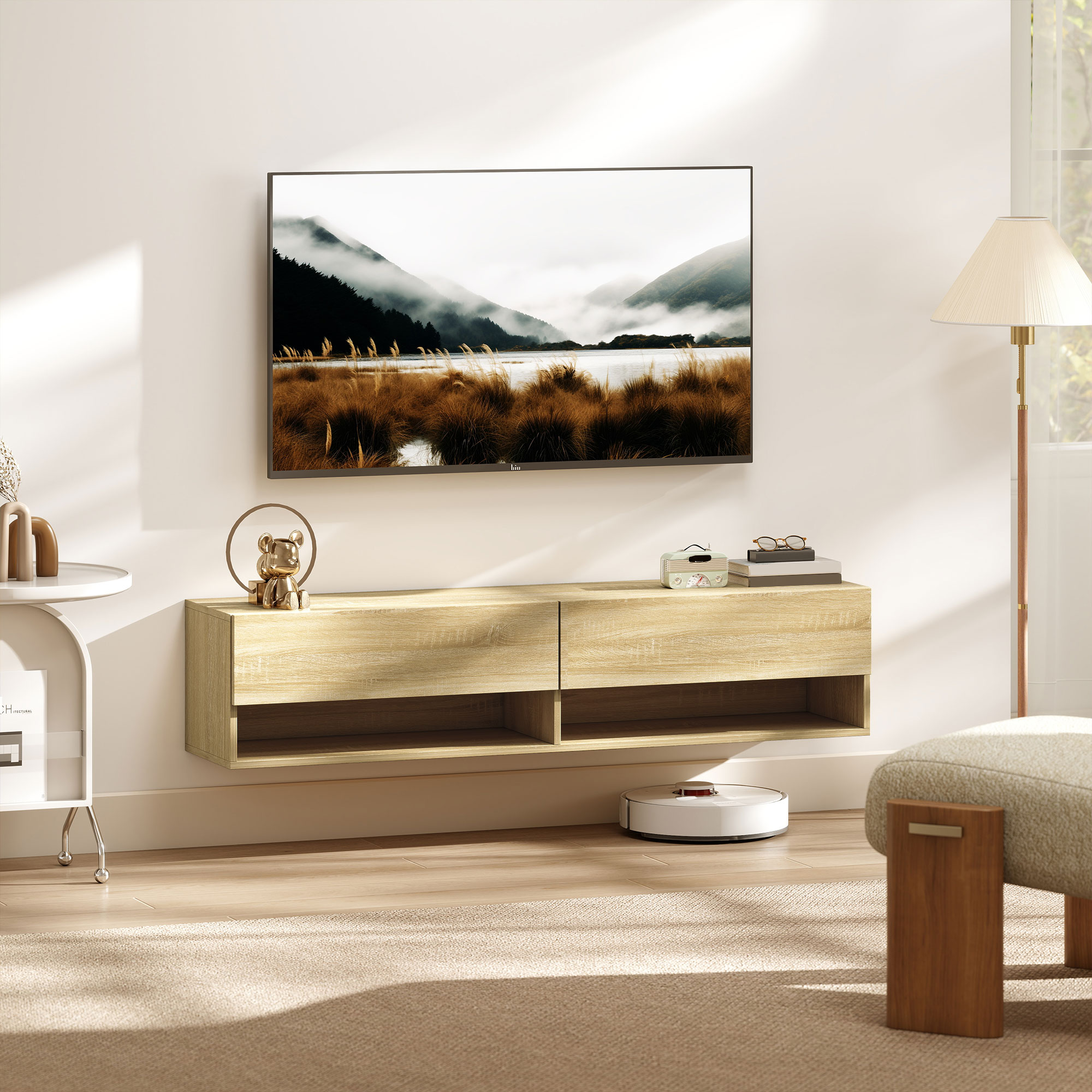 HOMCOM Wand-TV-Möbel, TV-Möbel für Wohnzimmer mit 2 Klappen, 2 offenen Ablagen, Kabelmanagement, Moderner Stil, für Fernseher bis 152,4 cm, 140x32x31 cm, Naturholz Aosom