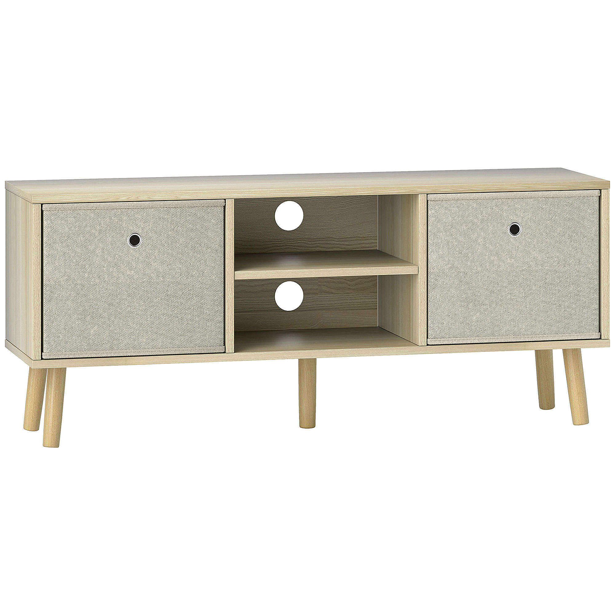 HOMCOM TV-Möbel, TV-Tisch mit 2 Stoffschubladen, 2 offenen Ablagen, Kabeldurchlässen, für Fernseher bis 127 cm, Länge 110 cm, für Wohnzimmer, Schlafzimmer, Holz und Beige Aosom