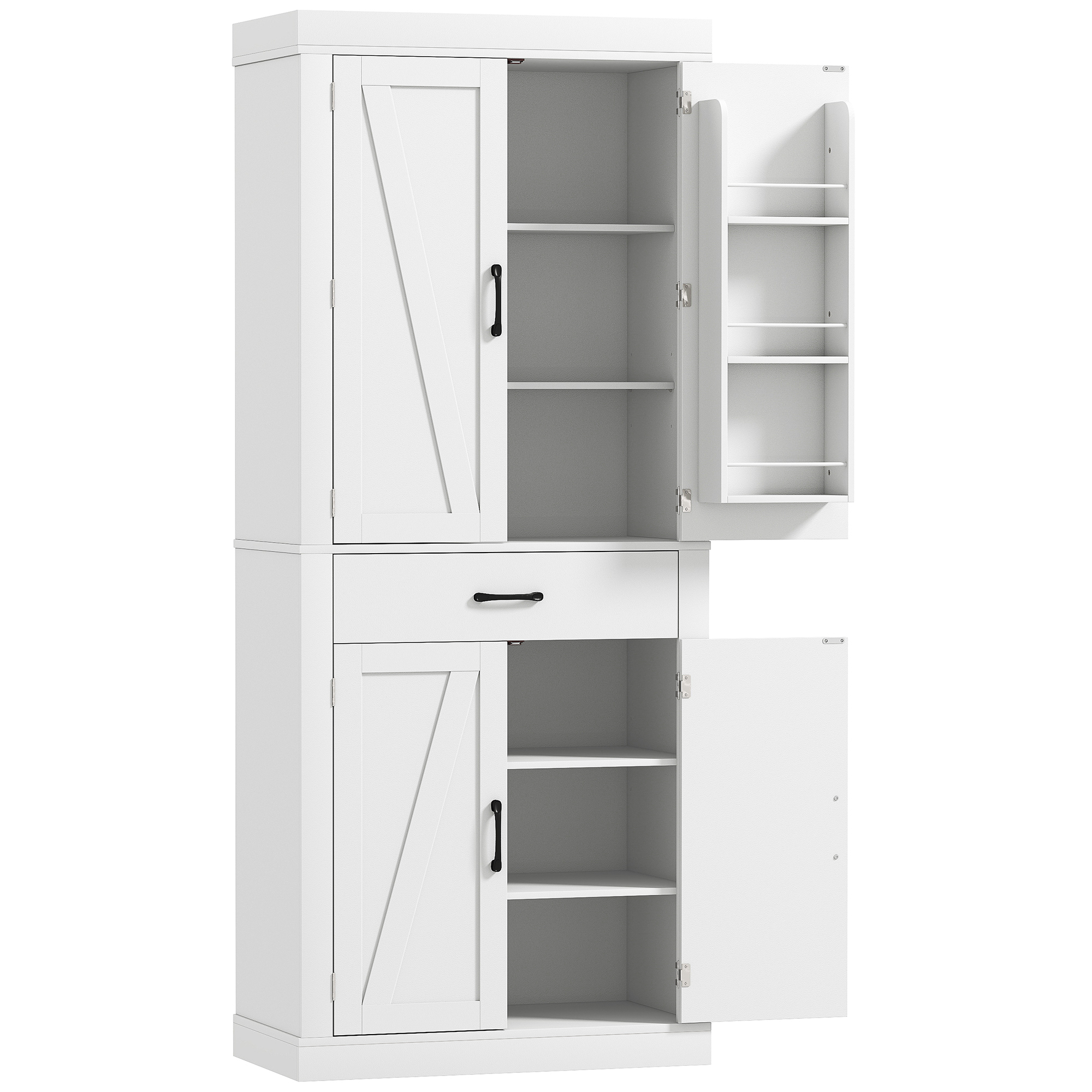 HOMCOM Hoher Küchenschrank 183.5 cm, Küchenschrank mit 6 Gewürzhaltern an der Tür, 4 Scheunentüren und Schublade, rustikaler Vorratsschrank mit verstellbaren Regalen, für Esszimmer, Wohnzimmer, Weiß   Aosom