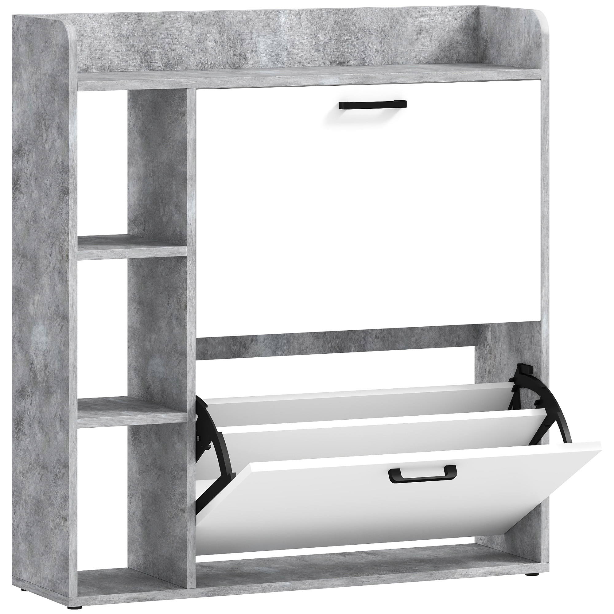 HOMCOM Slim-Schuhschrank platzsparend mit 2 Klapptüren, Schuhschrank für Flur mit 3 offenen Fächern, verstellbare Einlegeböden, Oberplatte, Schuhaufbewahrung für 15 Paar, aus Holz mit Griff, 83x24x90,5 cm, Grau   Aosom