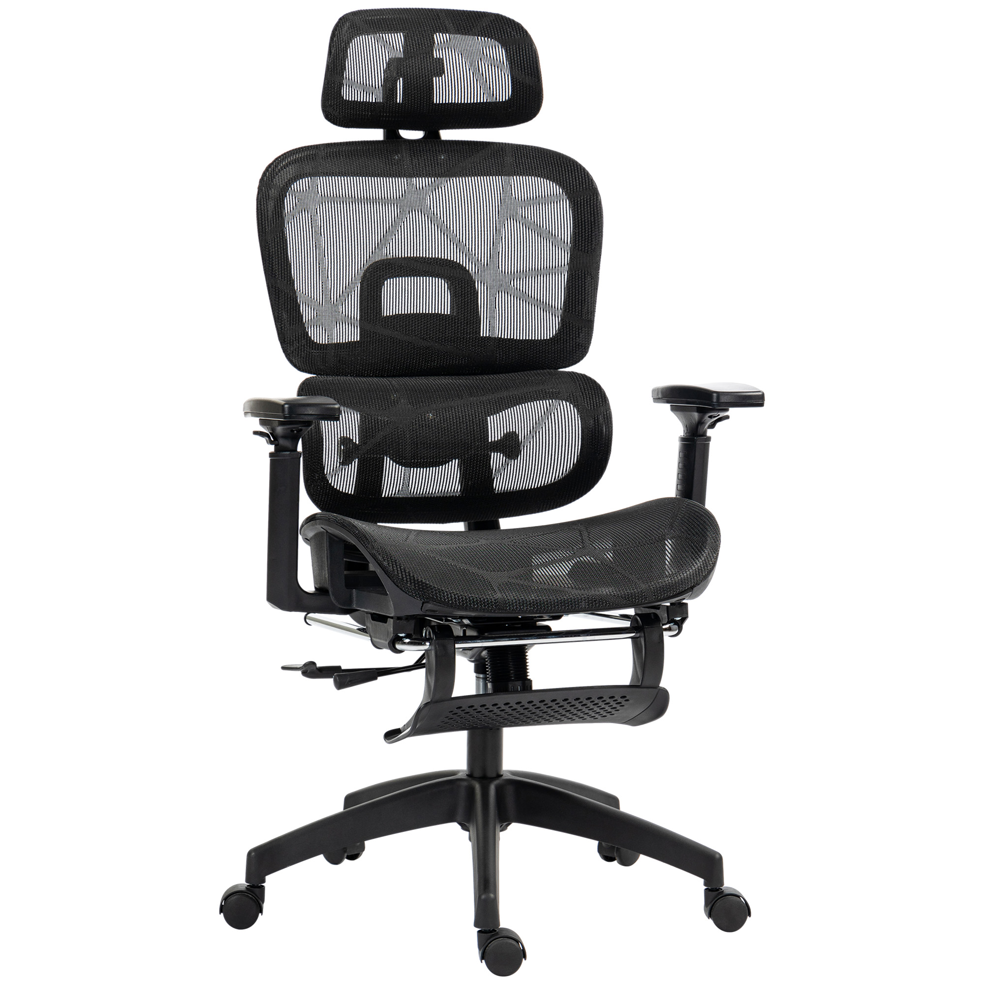 HOMCOM Bürostuhl Ergonomischer Schreibtischstuhl mit Armlehne, Kopfstütze, Lendenwirbelstütze, Höhenverstellbarer Mesh Drehstuhl mit Wippfunktion, Liegefunktion, Fußstütze Schwarz Aosom