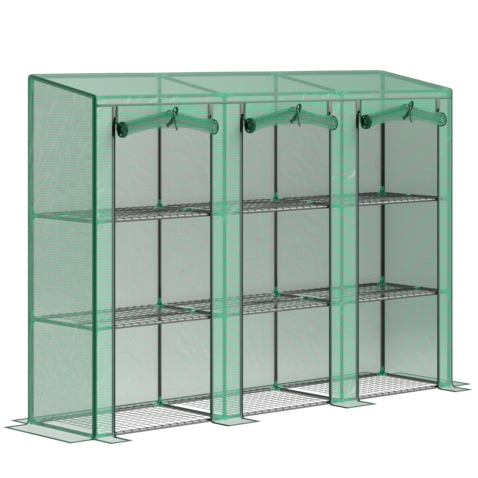 Outsunny 3-stufiges Außen-Gewächshaus mit 9 Regalen, aufrollbare Tür mit Reißverschluss, Stahlrahmen, PE-Abdeckung 140g/m² UV-beständig für Terrasse/Garten, 215x46x151cm, Grün   Aosom