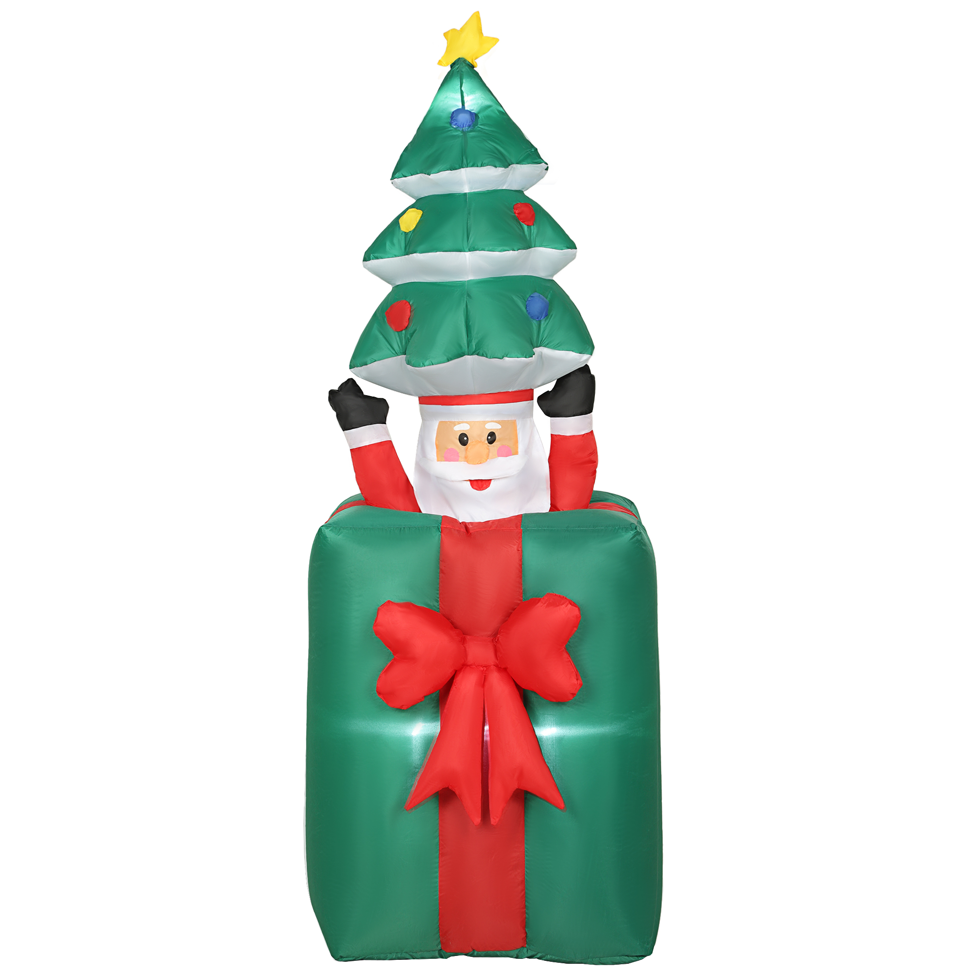 Outsunny 160-213 cm Aufblasbarer Weihnachtsdekoration Beweglicher Weihnachtsmann aus Geschenkbox mit Weihnachtsbaum Weihnachtsdeko mit eingebauten LED-Lichtern für Rasen, Hof und Garten Aosom