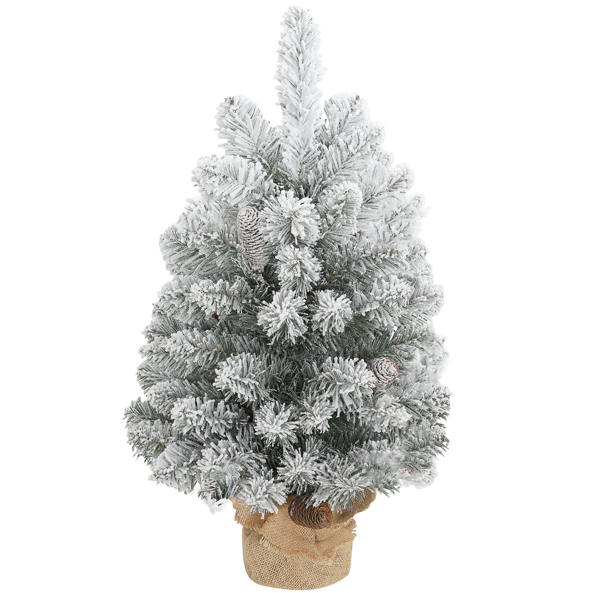 HOMCOM Mini Künstlicher Weihnachtsbaum 60 cm Tannenbaum künstlich mit Schnee, 72 Spitzen 6 Tannenzapfen Zementbasis Christbaum Weihnachtsdeko für drinnen Büro Wohnzimmer   Aosom