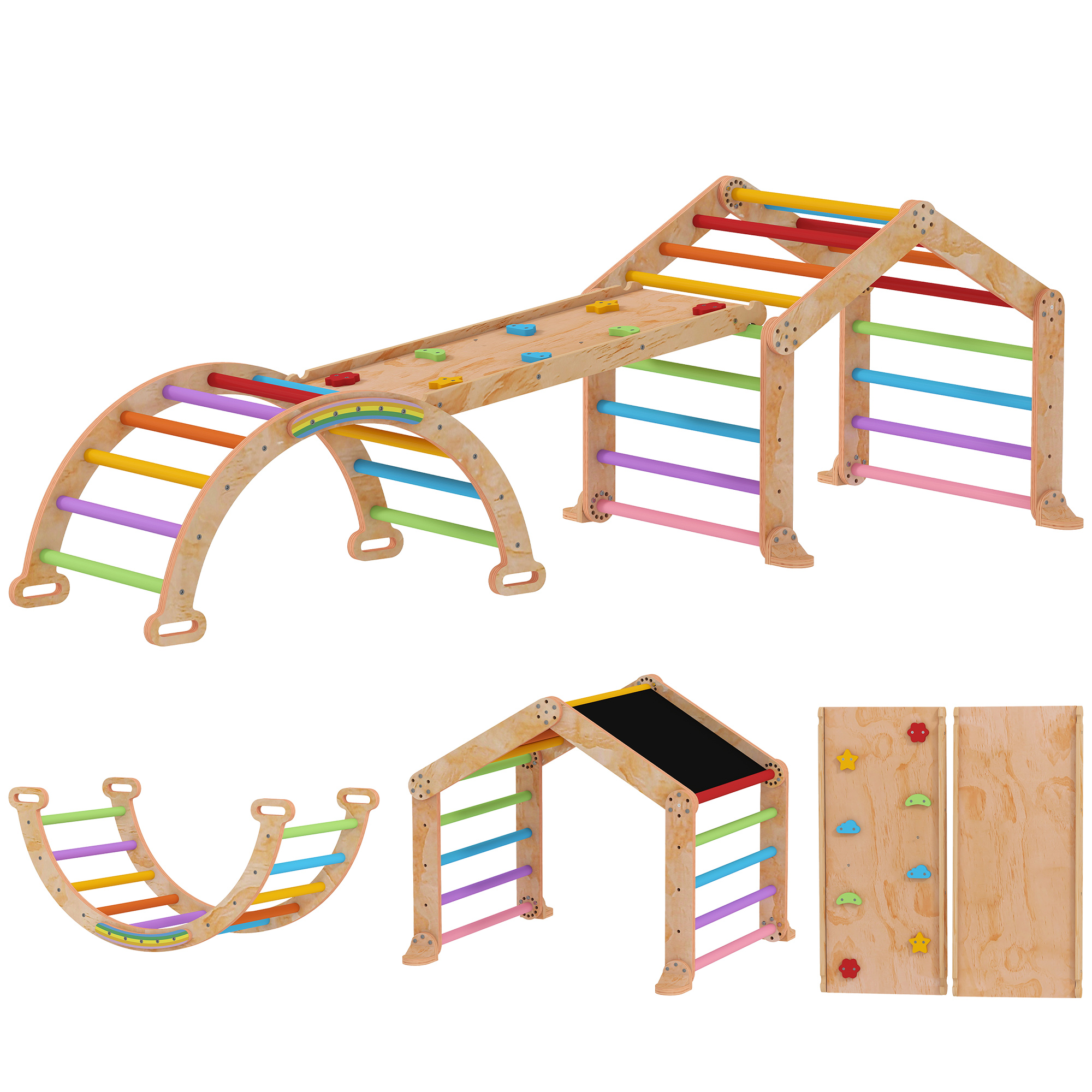 AIYAPLAY Kletterdreieck Kinder 9-in-1 aus Holz, mit umkehrbarer Rampe, Rutsche, Wippe und Kletterrahmen, max. Belastung 50 kg, für Babys 18-48 Monate, mehrfarbig   Aosom