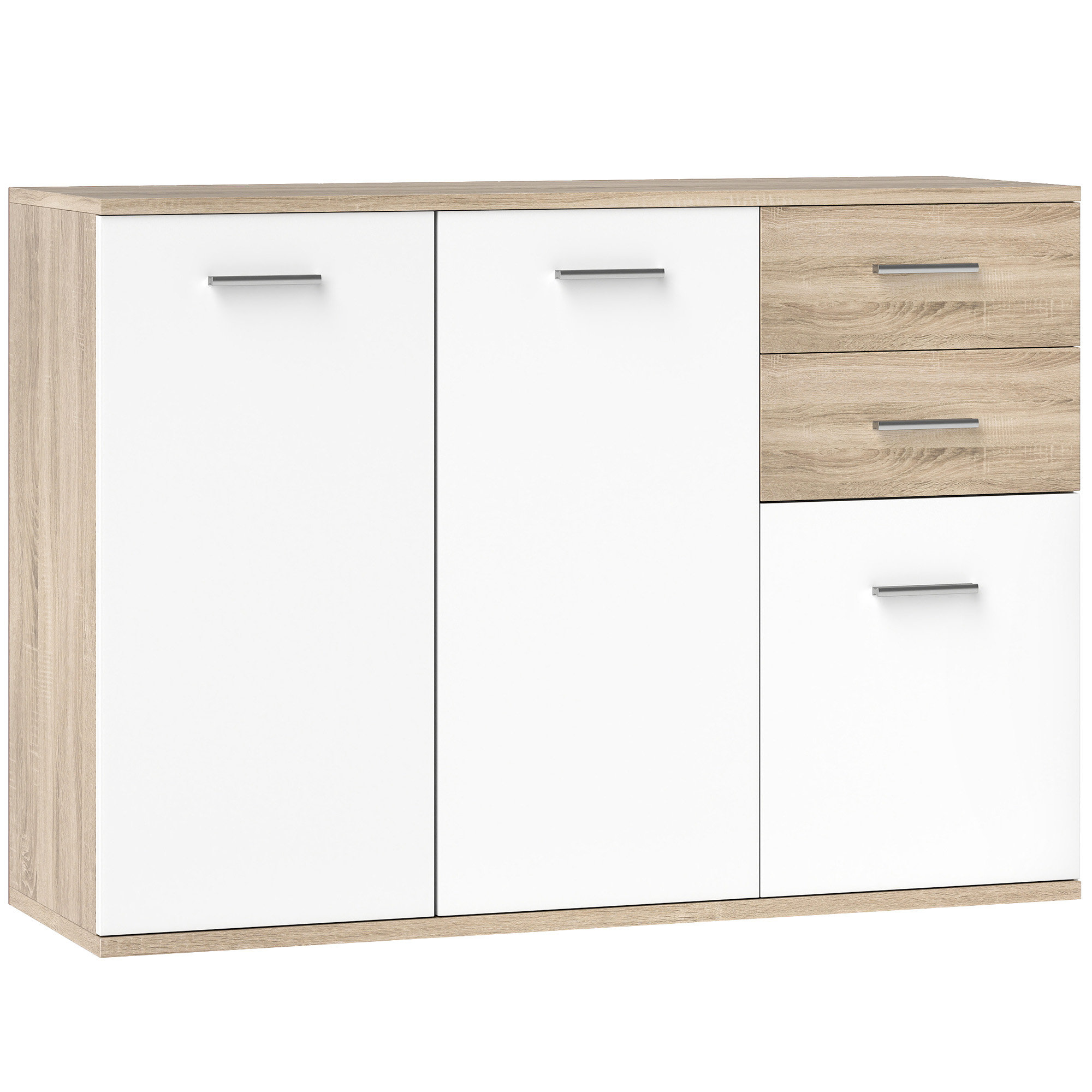 HOMCOM Sideboard Wohnzimmer, Aufbewahrungsmöbel mit 2 Schubladen, 3 Türen und höhenverstellbarem Einlegeboden, zeitgenössischer Stil, Sideboard für Esszimmer und Küche, 106 x 35 x 76 cm, weiß und Naturholz Aosom